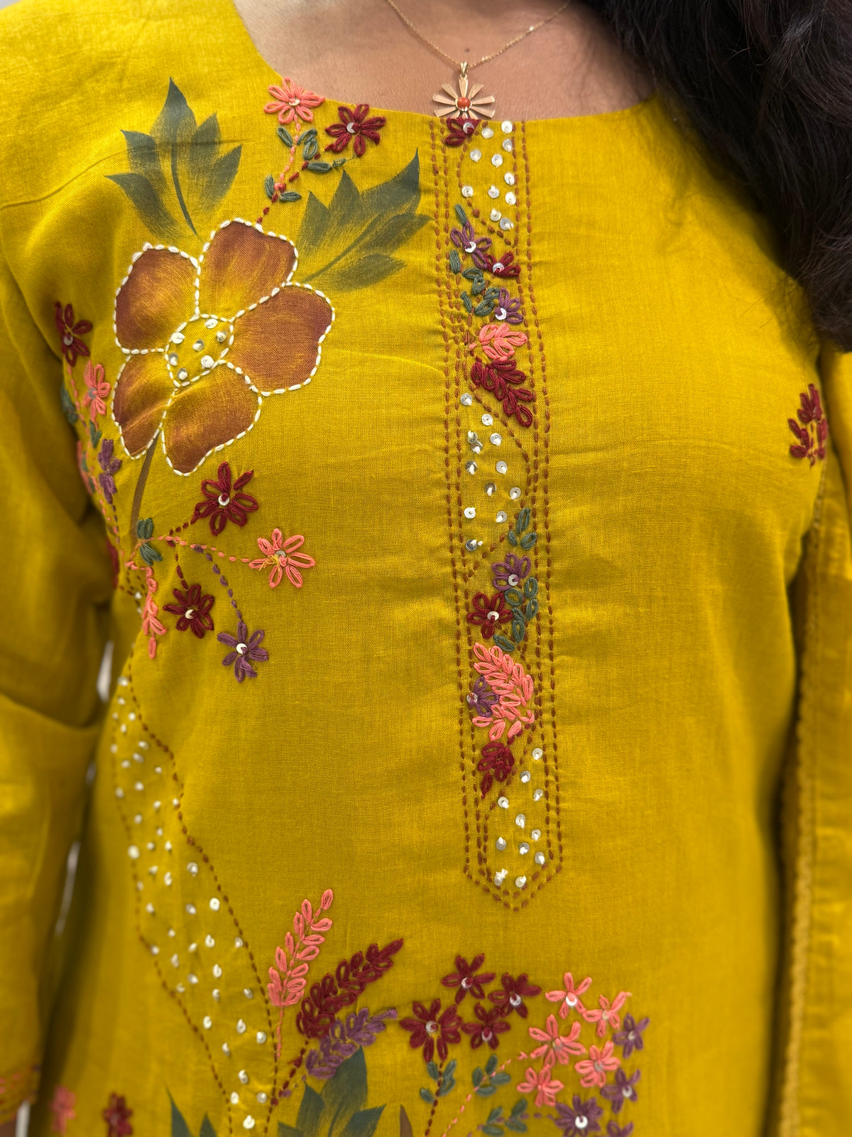 Mustard Hand Thread Embroidery Kurti With Pant and Dupatta - HSC1181
