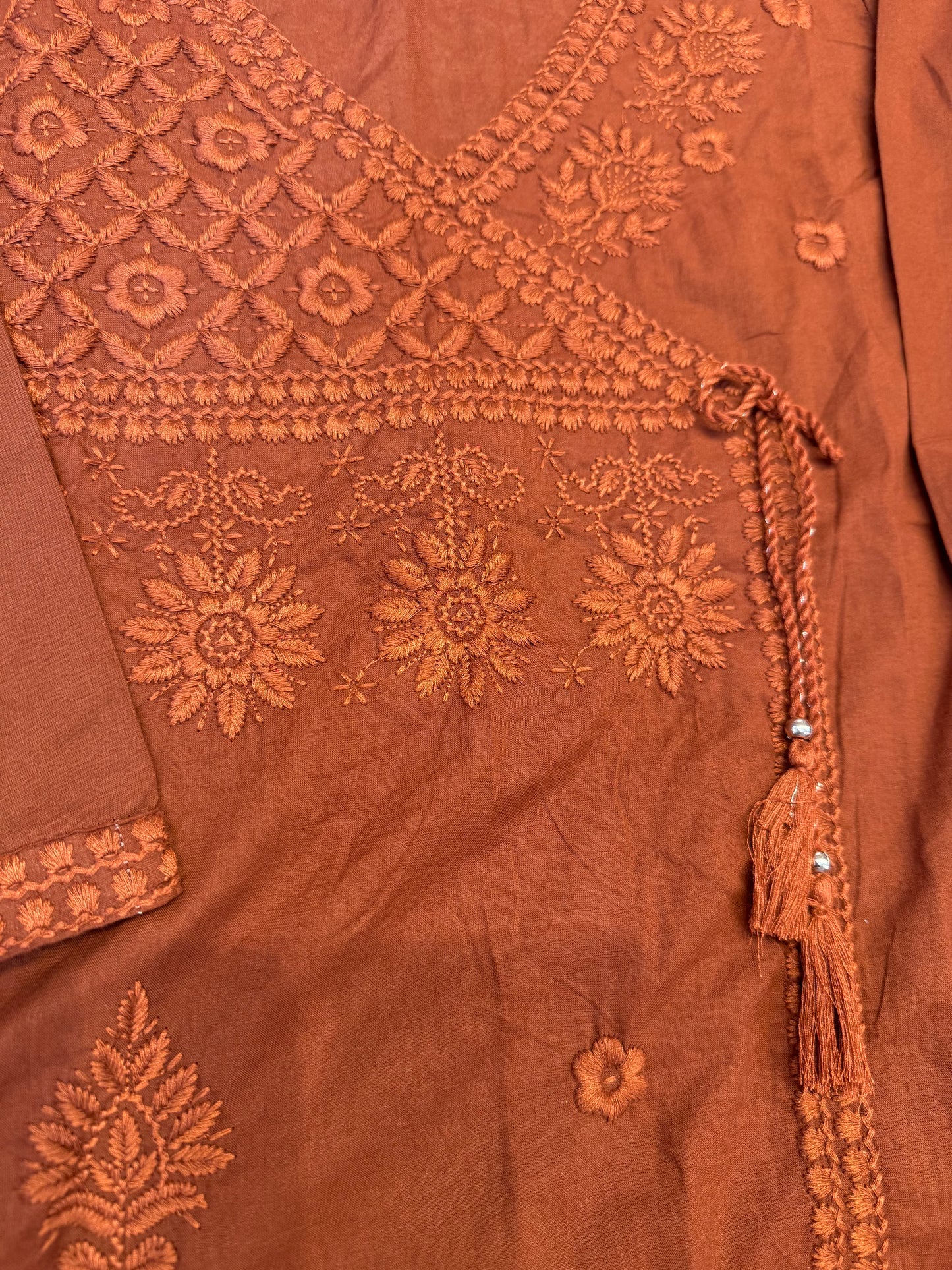 Chocolate Brown Chikankari Embroidery Kurti With Pant and Dupatta-HSC163