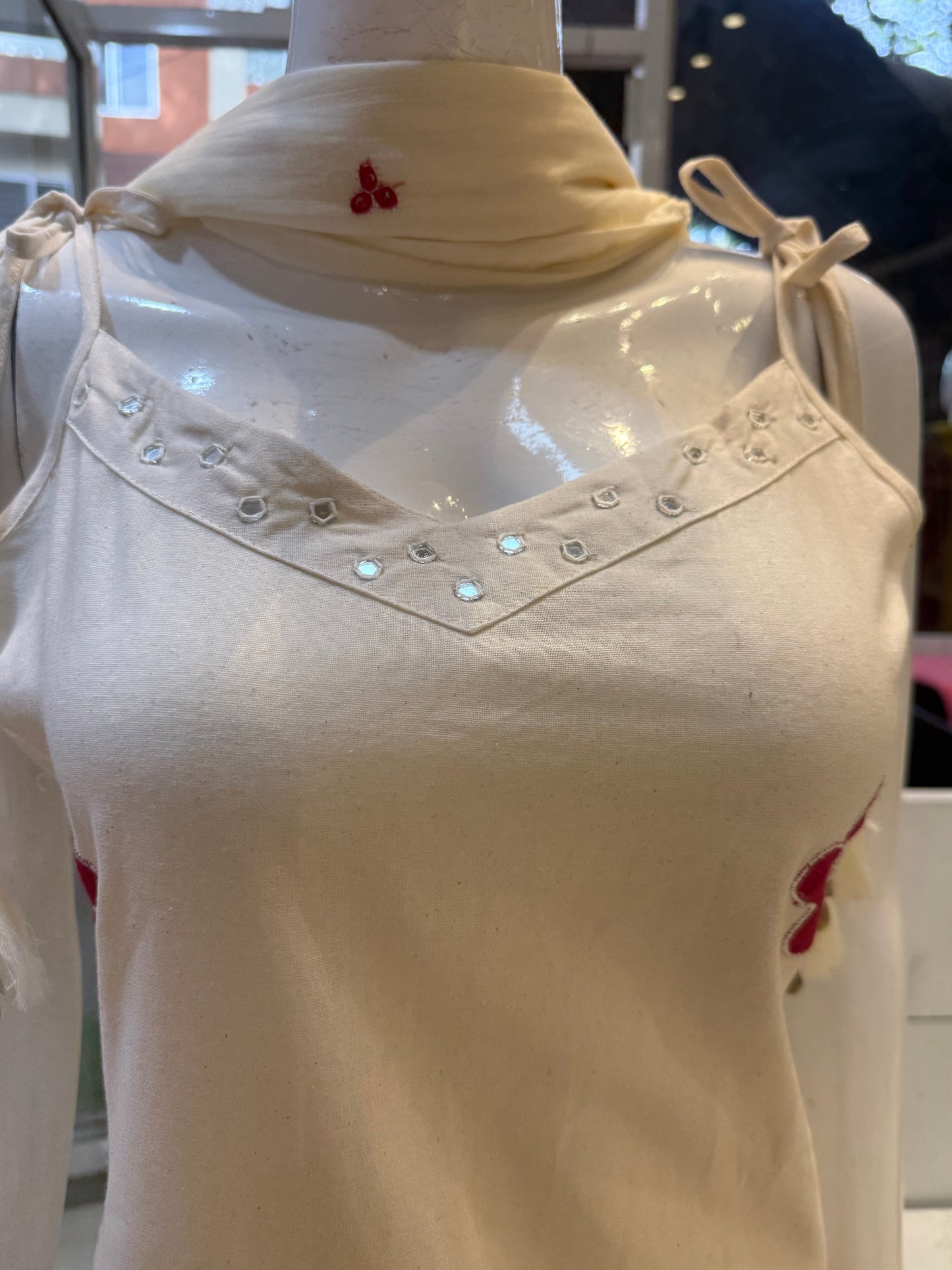 Half white Cotton Flex Applique Kurti With Pant and Dupatta-HSC170