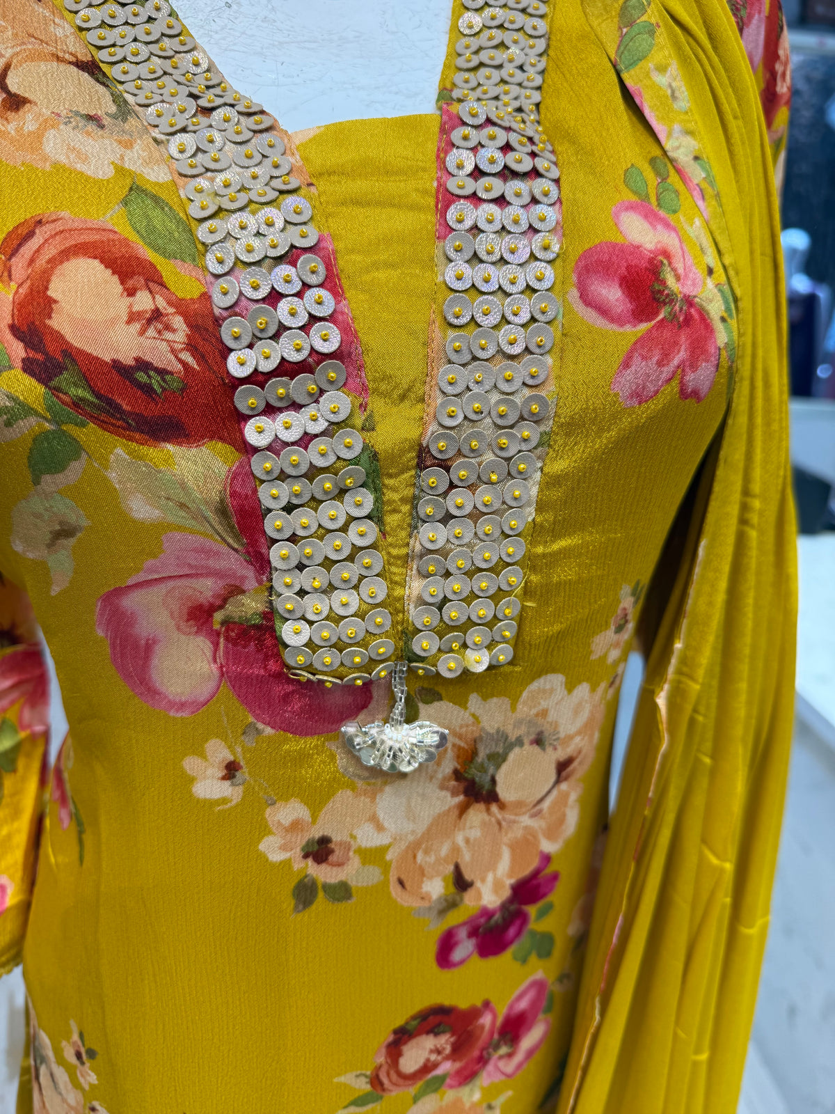 Mustard Yellow Floral Pure Chiffon Kurti With Pant-HSC1229