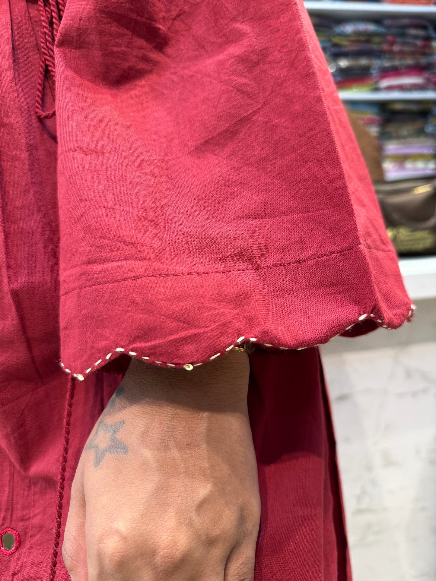 Mirror Work Red Pure Cotton Kurti With Pant and Dupatta-HSC128