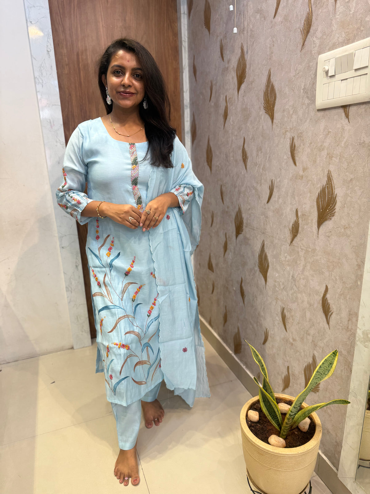 Powder Blue Pure Silk Thread Embroidery Kurti With Pant and Dupatta - HSC1180