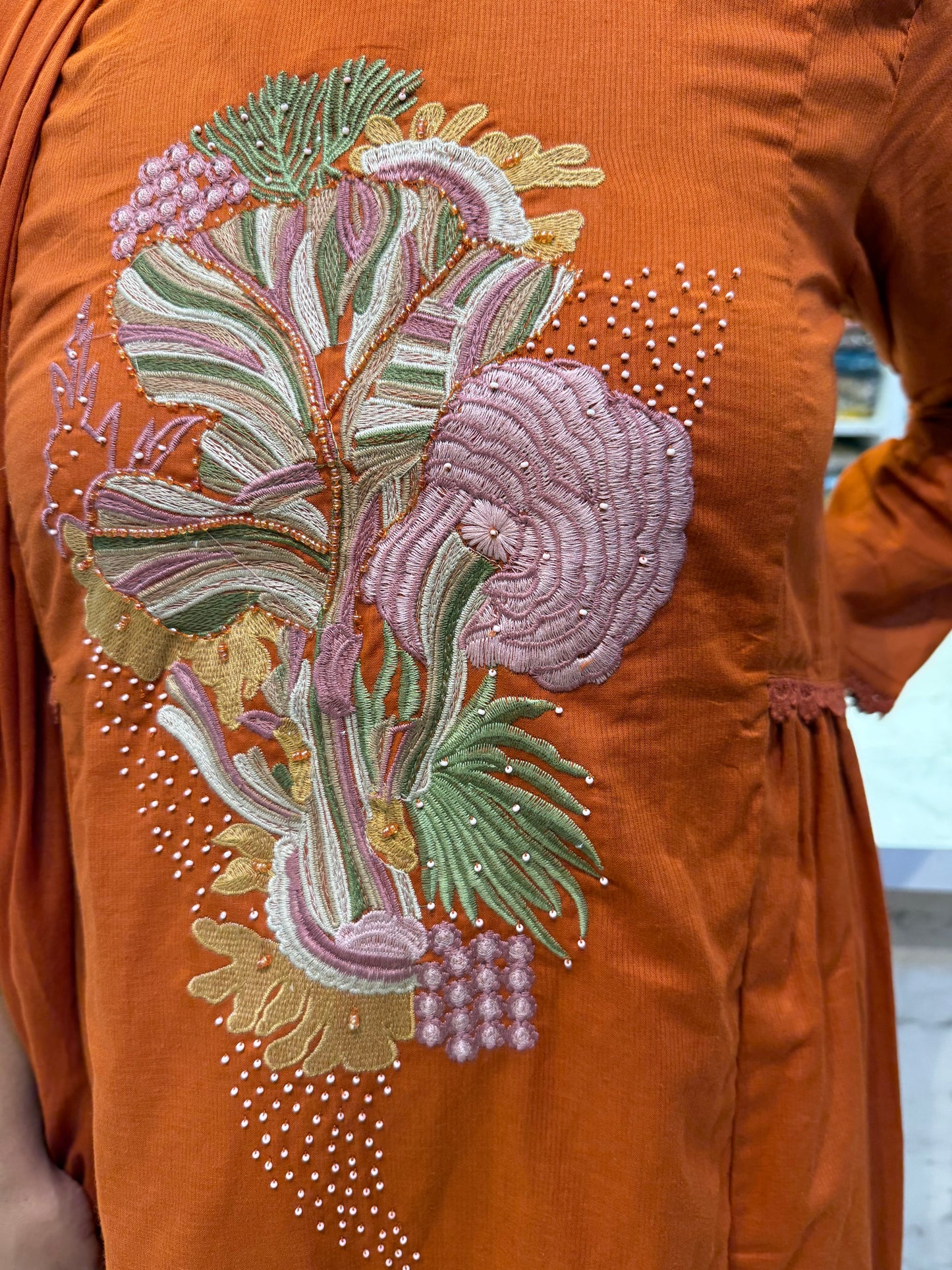 Rust Mul Cotton A- line Dress With Lace Detail