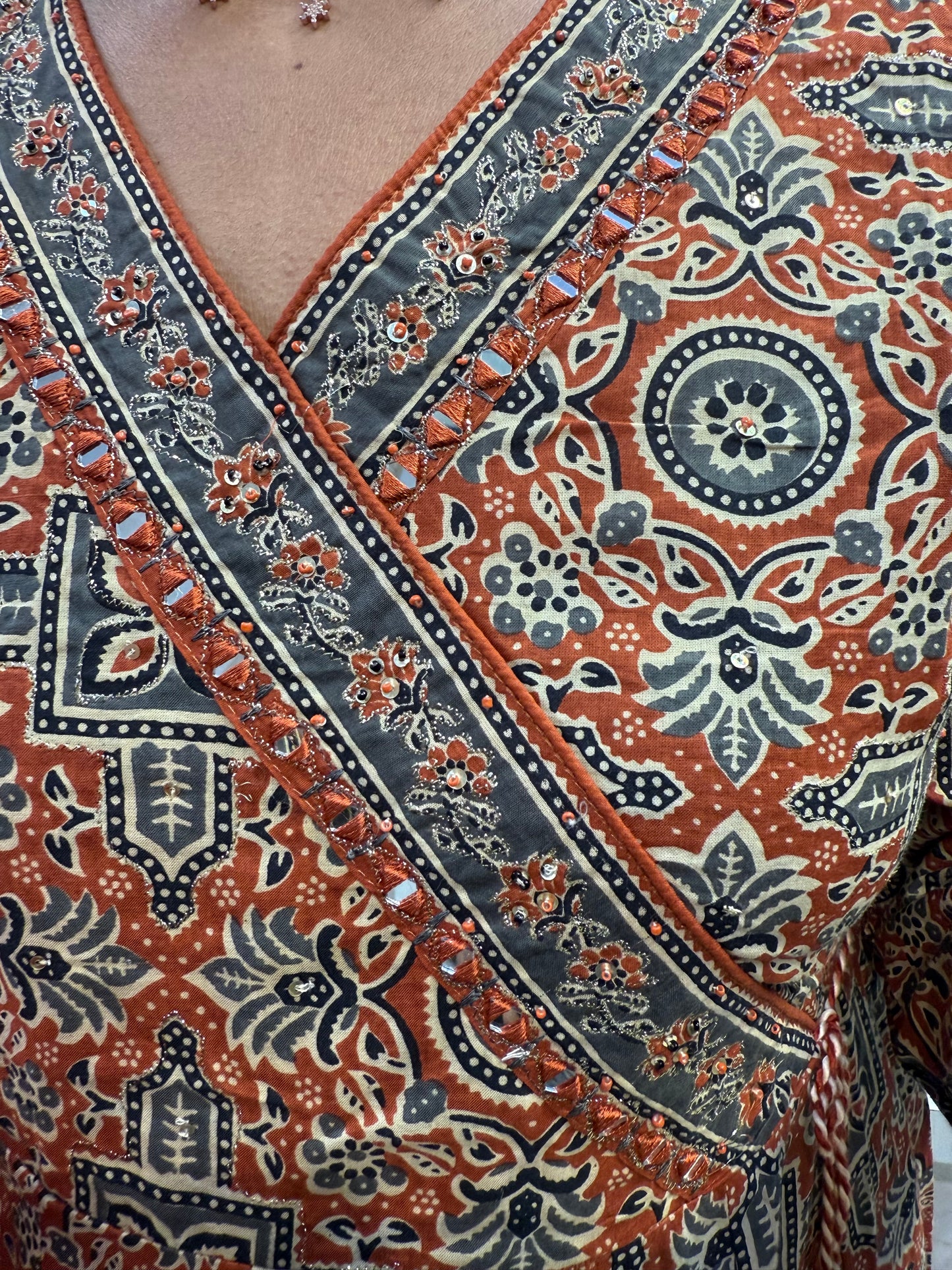 Block Printed Pure Cotton Rust Anarkali Kurti With Pant and Dupatta