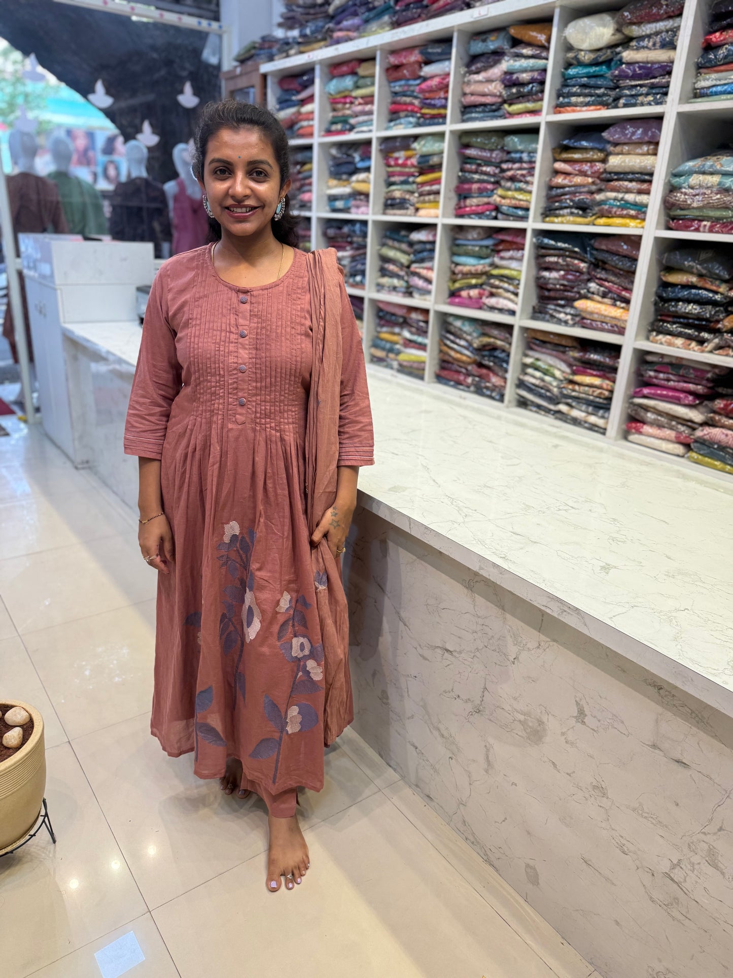 Mauve Mul Cotton A-line Cotton Kurti With Pant and Dupatta