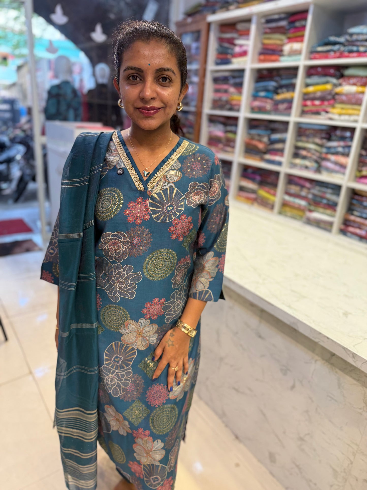 Printed Blue V neck Kurti With Pant and Dupatta