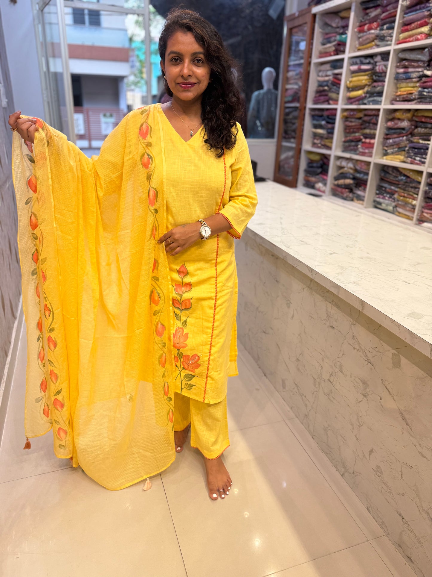 Hand Brush Painted Pure Cotton Kurti With Pant and Dupatta