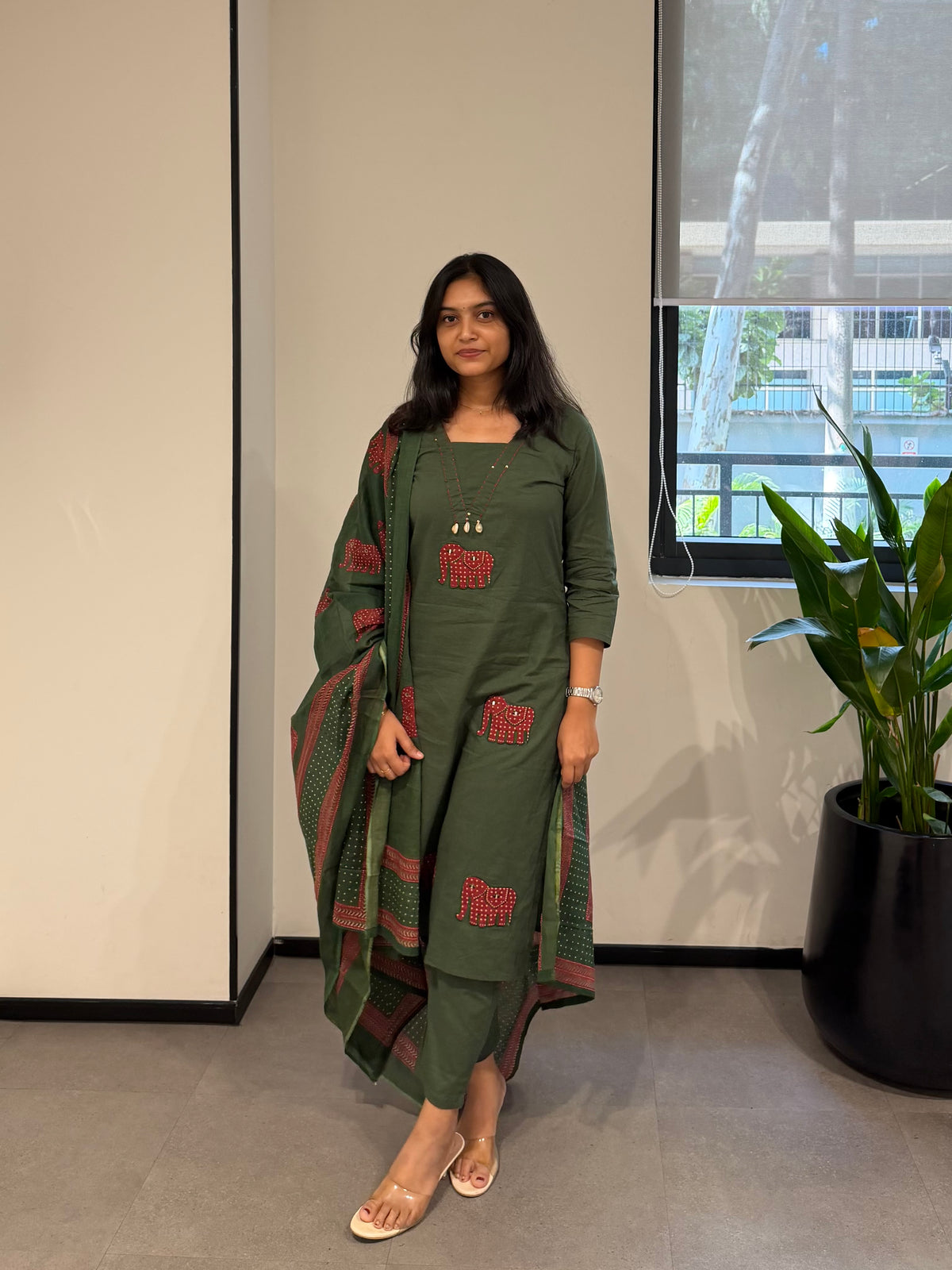 Pure Cotton Elephant Embroidery Kurti With Pant and Dupatta -HSC1230