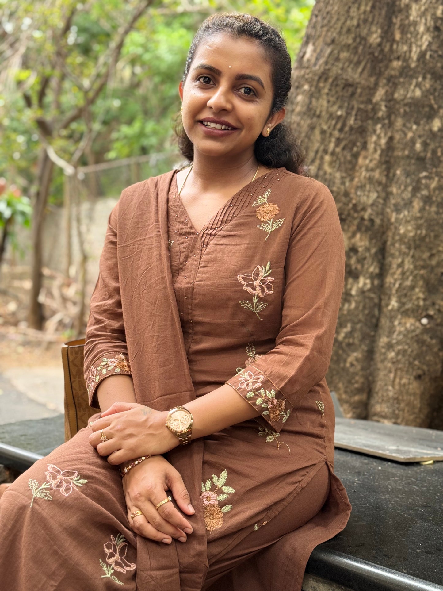 Brown Embroidery Pure Cotton Kurti With Pant and Dupatta - HSC1171