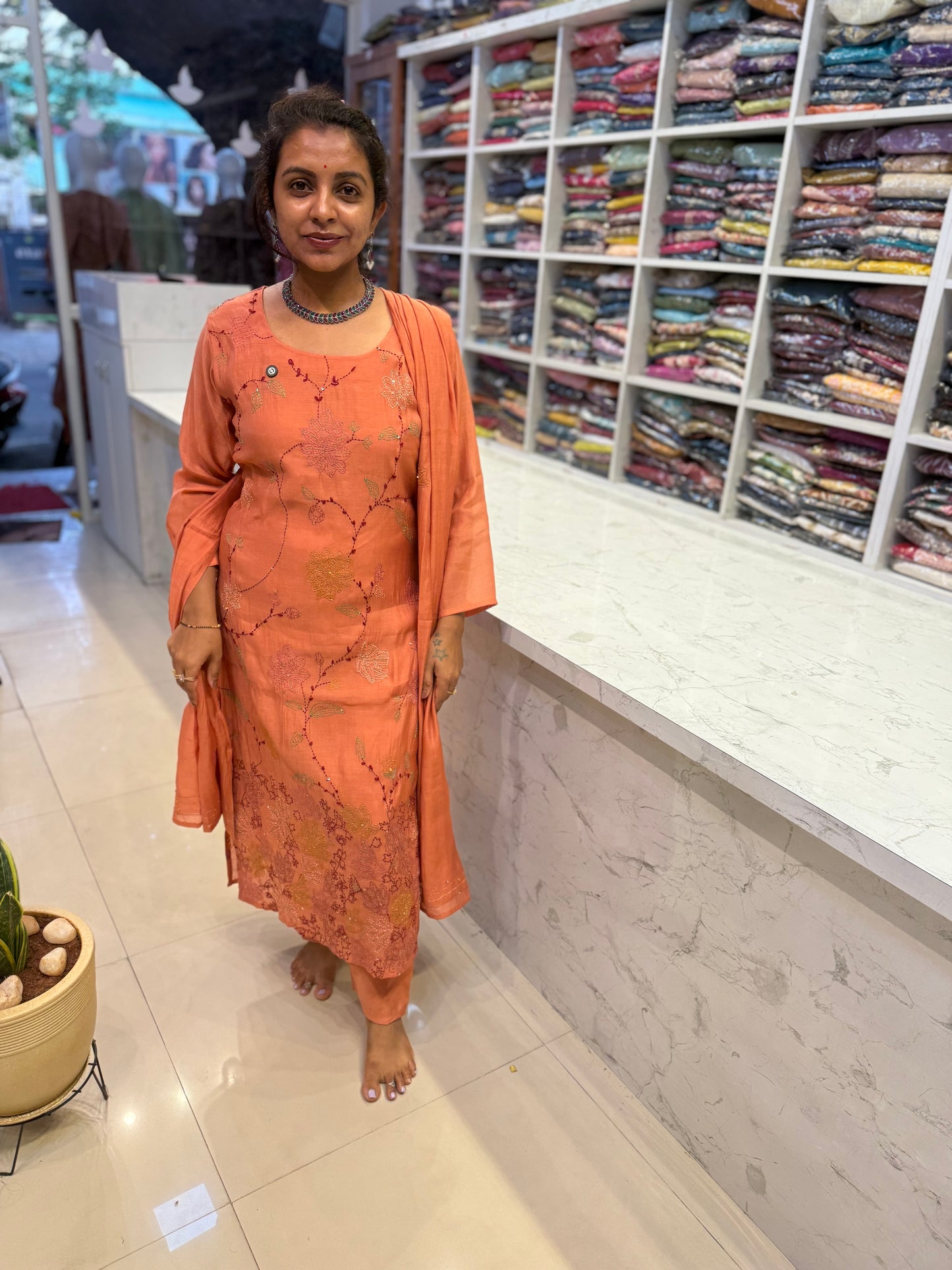 Peach Orange Mul Chanderi Thread Embroidery Kurti with Pant and Dupatta