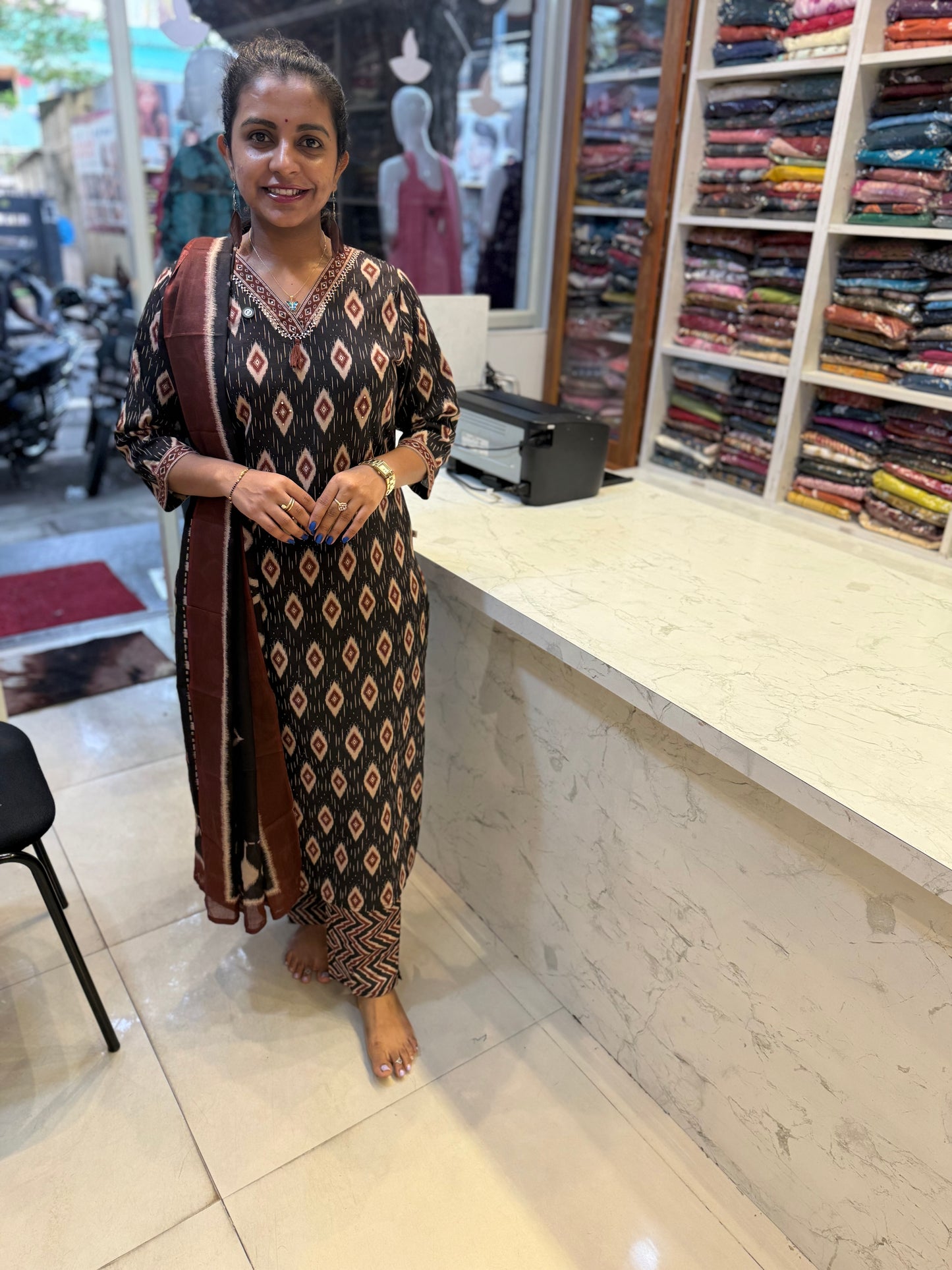 Printed Black Cotton Kurti and Pant and Dupatta