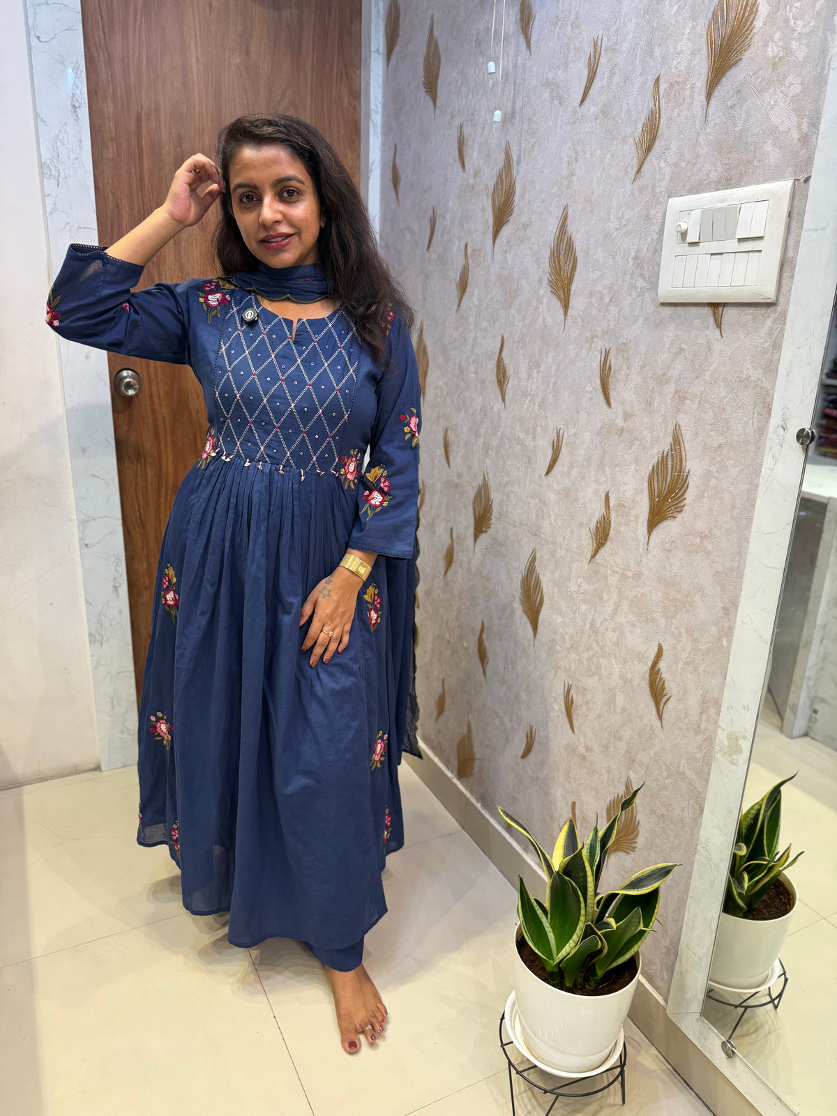 Navy Blue Embroidery Pure Cotton Kurti With Pant and Scallop Dupatta -HSC1285