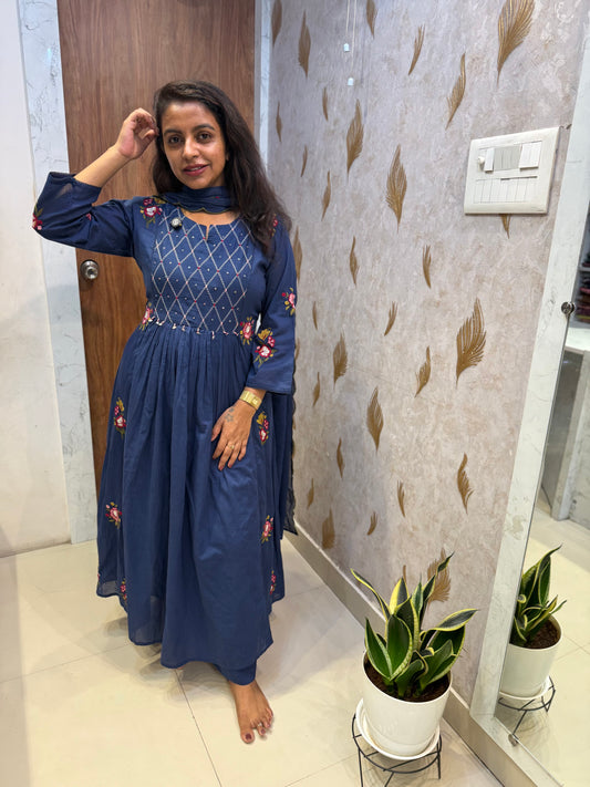 Navy Blue Embroidery Pure Cotton Kurti With Pant and Scallop Dupatta -HSC1285