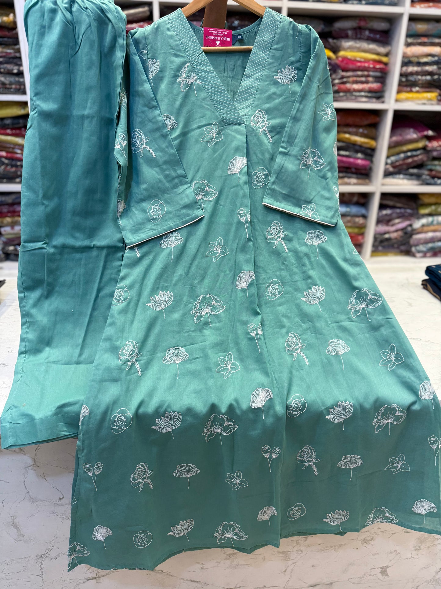Trendy V neck Pure Cotton Embroidery Kurti With Pant-HSC49