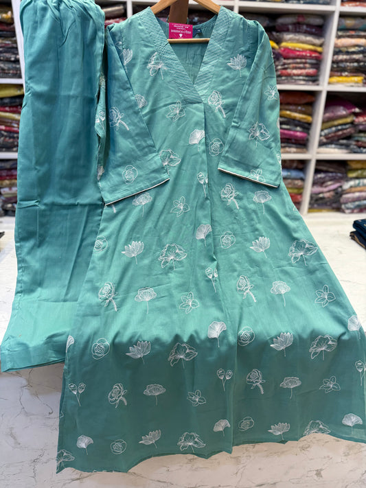 Trendy V neck Pure Cotton Embroidery Kurti With Pant-HSC49