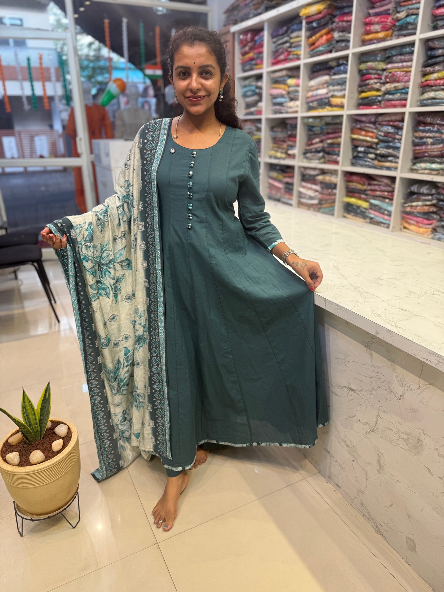 Anarkali Pure Cotton Kurti With Pant and Dupatta