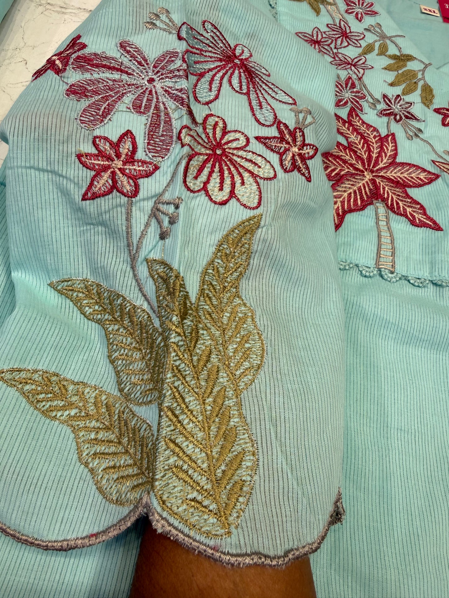 Pastel Blue Embroidery Pure Cotton Kurti With Pant and Scallop Cut Work Dupatta