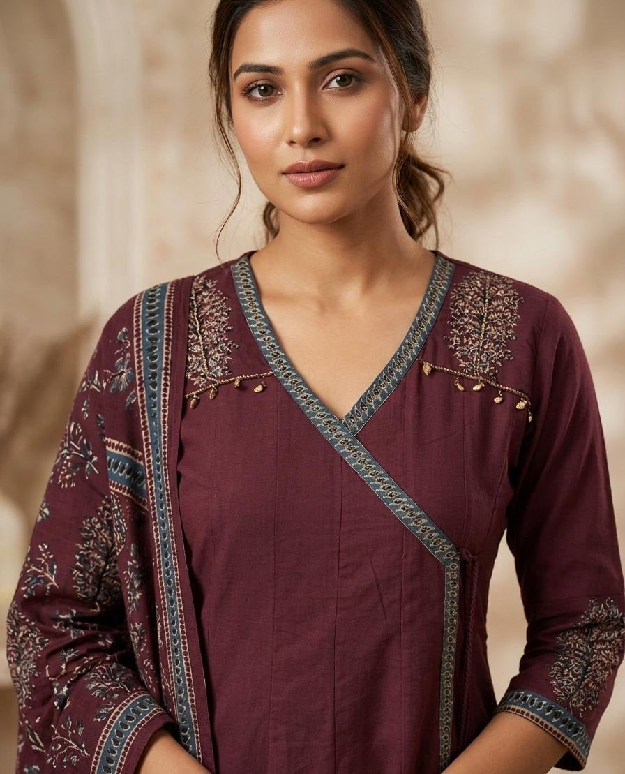 Wine Shoulder Anarkali Pure Cotton Hand Embroidery Kurti With Pant and Dupatta-HSC165