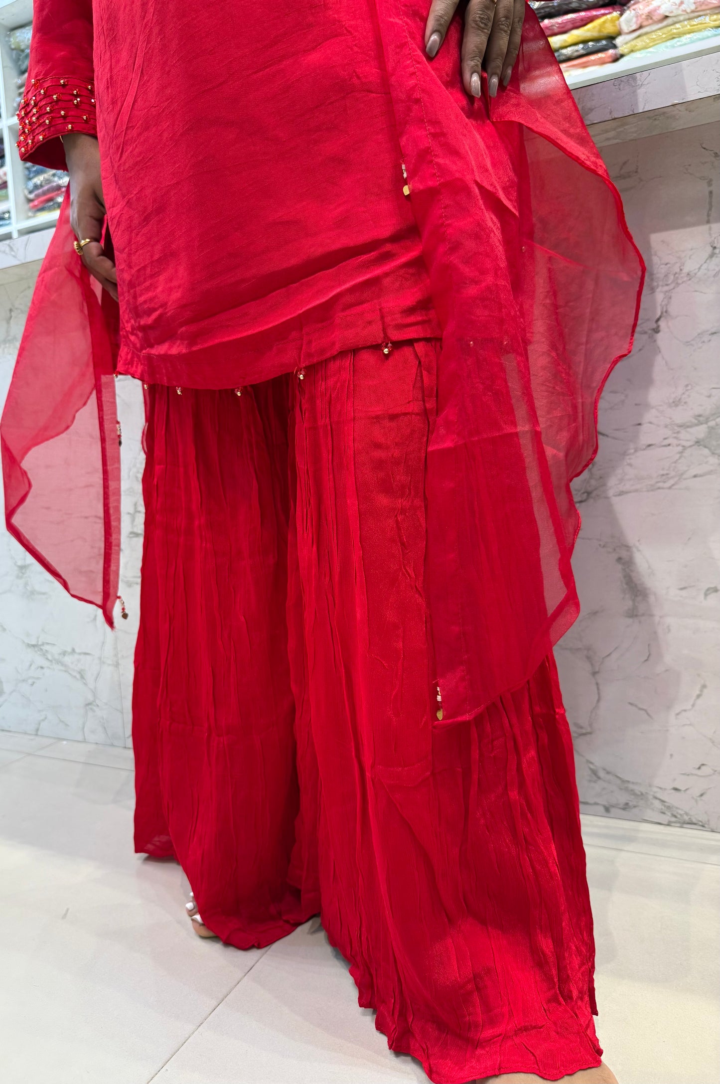 Red Hand Embroidery Dola Silk Kurti With Sharara Pant with Shrug-HSC189