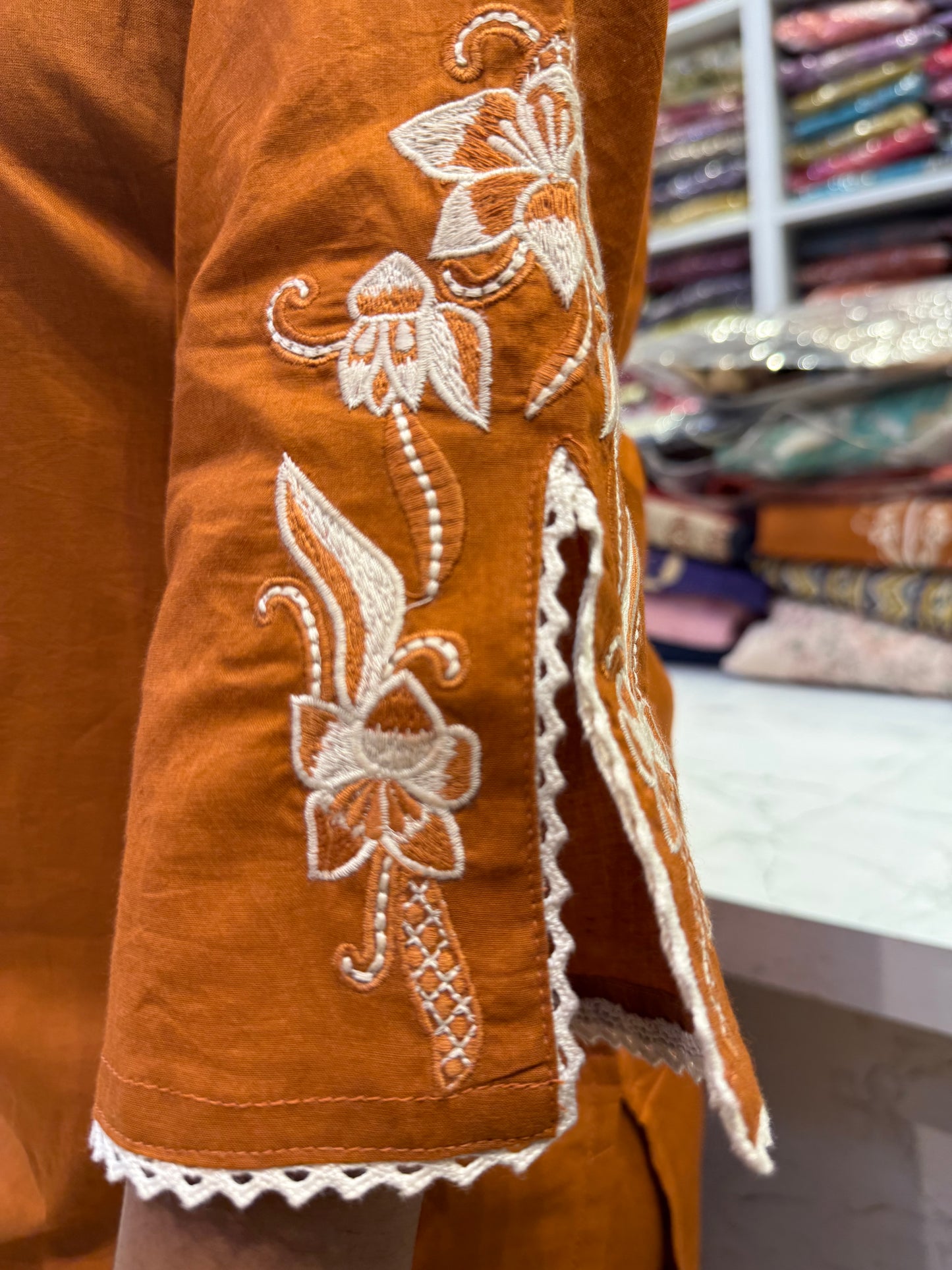 Rust Orange Pure Cotton Embroidery Kurti With Pant and Dupatta-HSC101