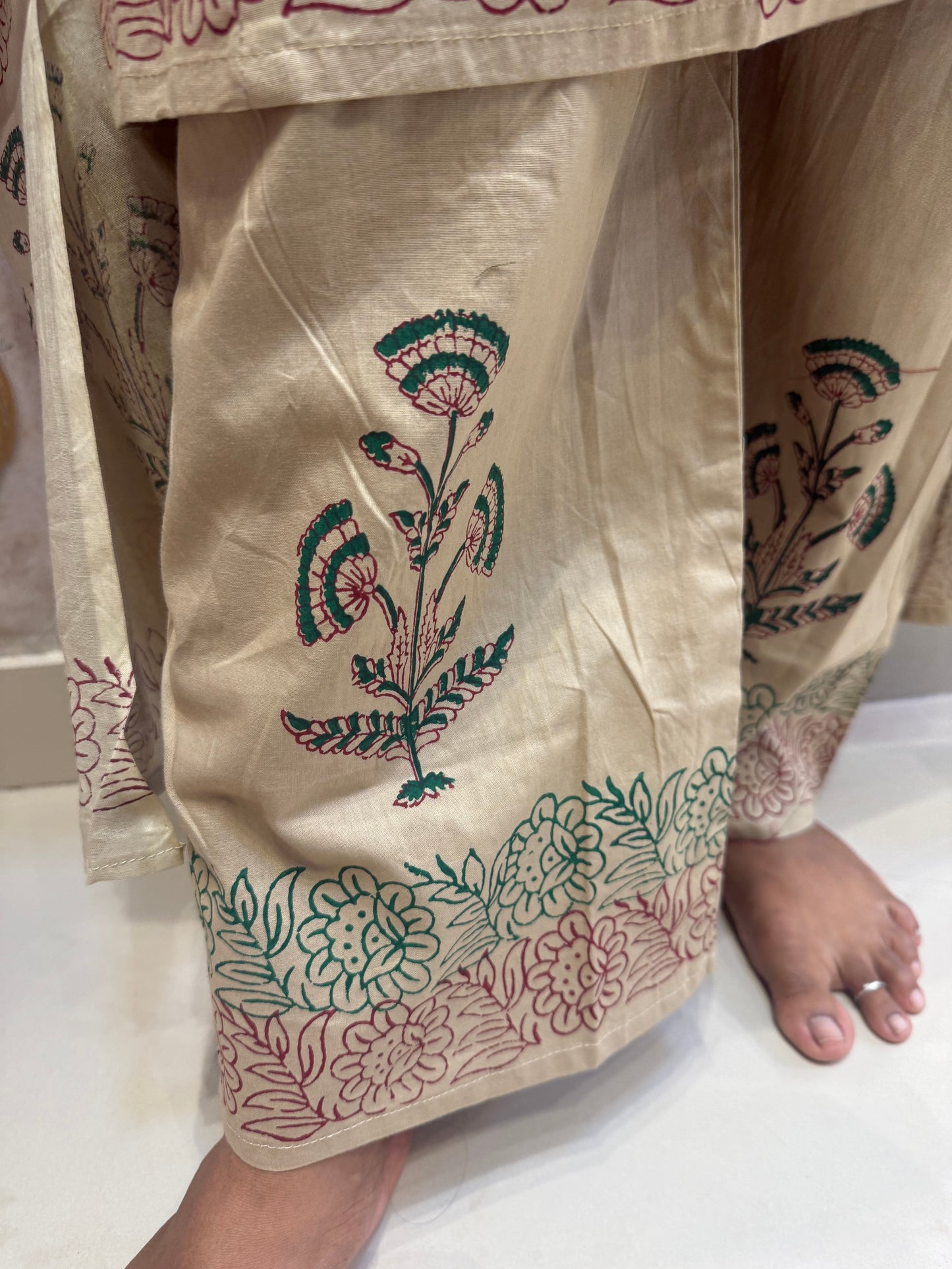 Beige Anarkali Block Printed Pure Cotton Embroidered A-line Kurti With Pant and Dupatta