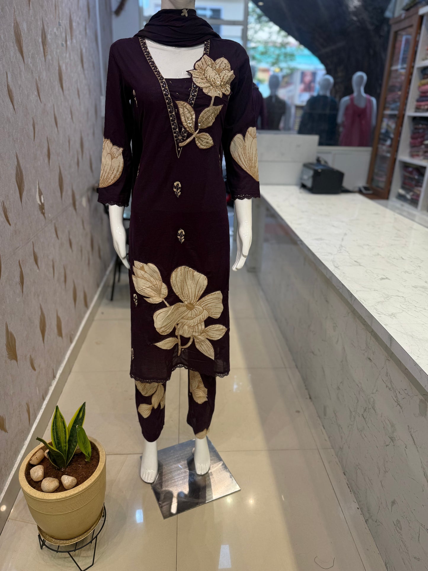 Appliqué Work Cotton Kurti With Pant and Dupatta