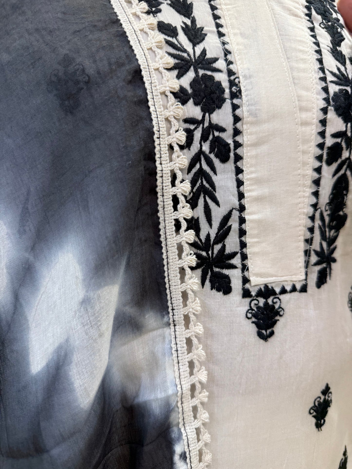 Tie and Dye White and Black Pure Cotton Flex Kurti With Pant and Dupatta-HSC182