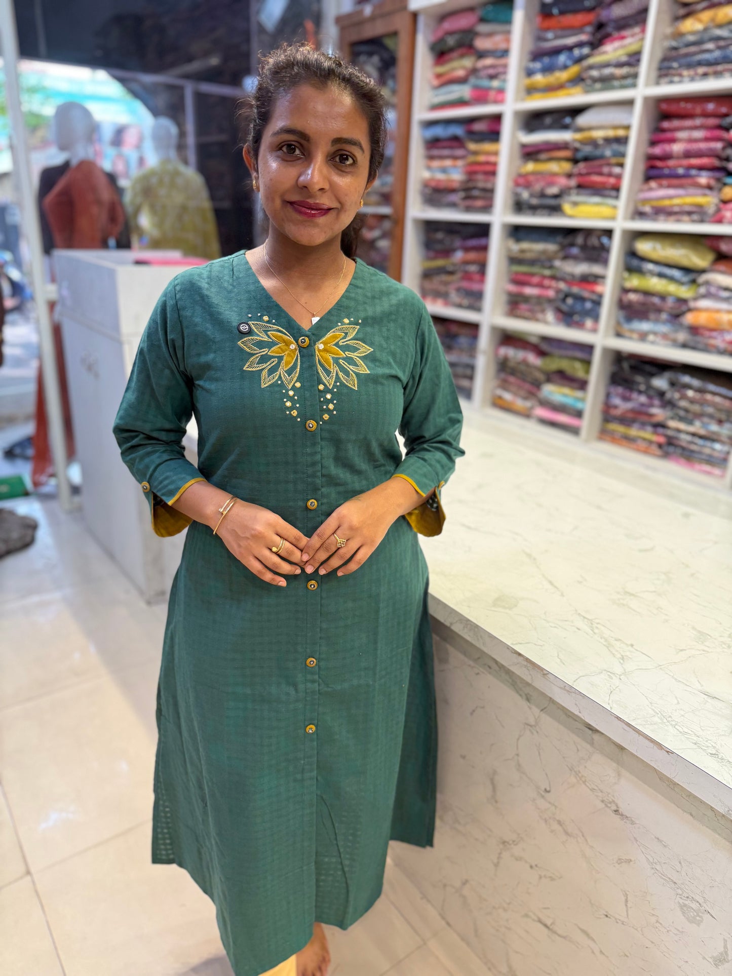 Teal Green Pure Cotton Flex Embroidery Kurti