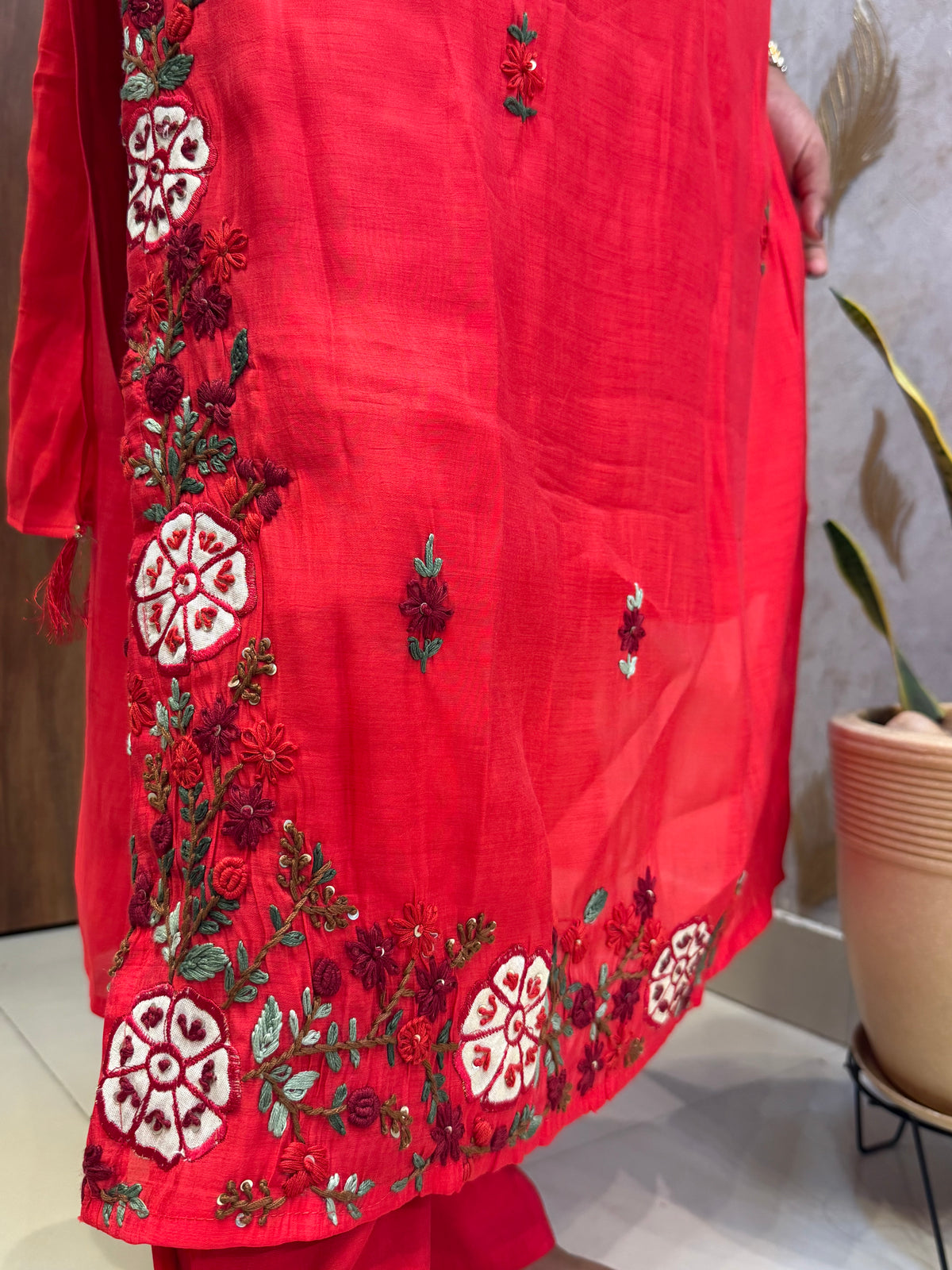 Red Hand Embroidery Pure Silk Kurti With Pant and Dupatta -HSC1240
