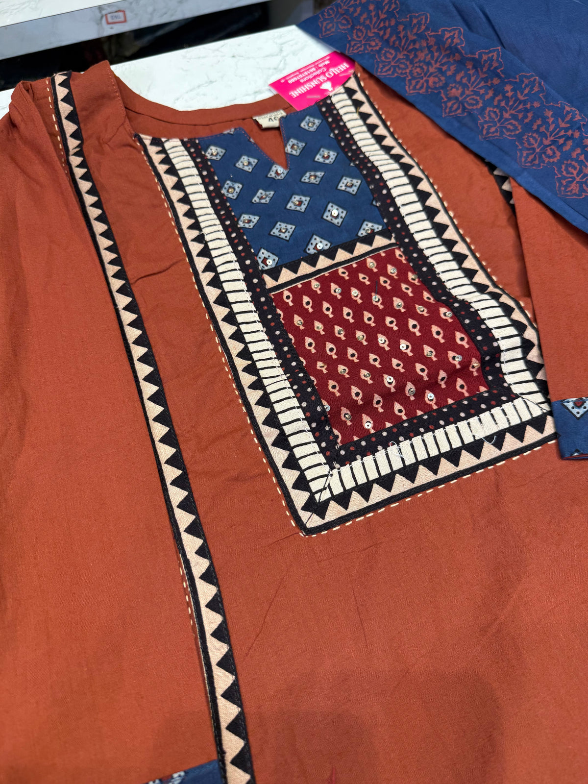 Rust With Blue  Pure Cotton Kurti With Pant and Block Printed Dupatta - HSC1178