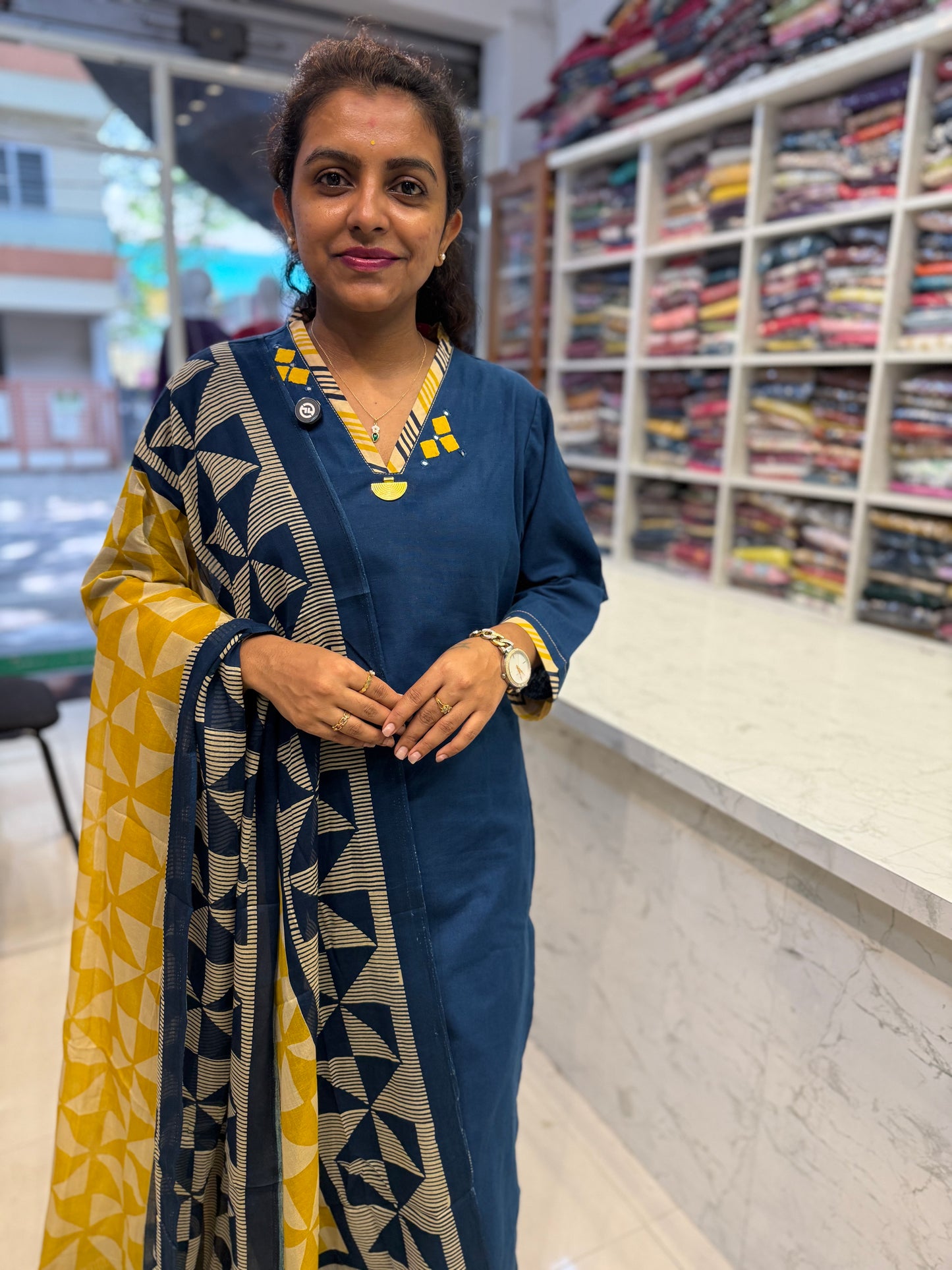 Blue Pure Cotton Flex Applique Straight Cut Kurti With Pant and Dupatta