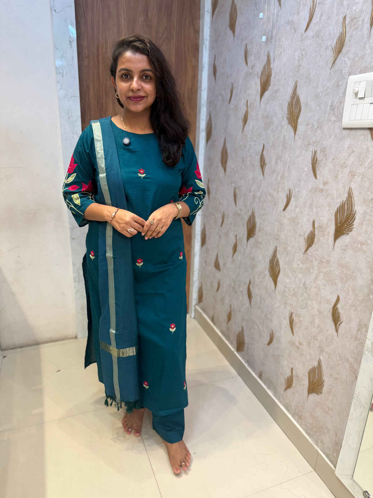 Pure silk Thread Embroidery Kurti With Pant and Dupatta - HSC1159