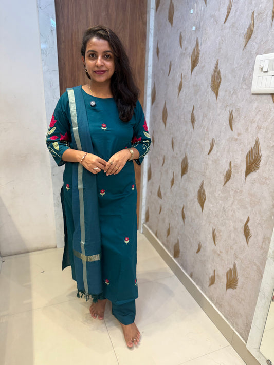 Pure silk Thread Embroidery Kurti With Pant and Dupatta - HSC1159