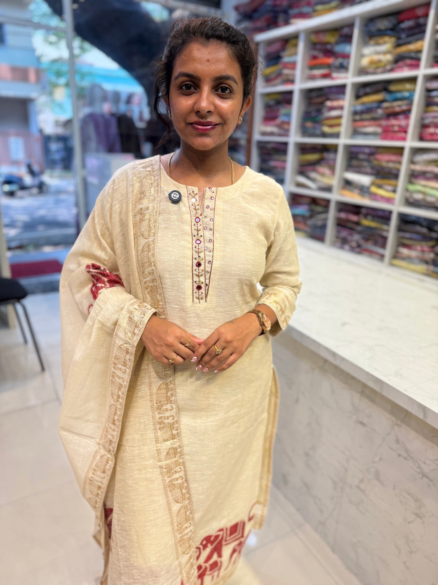 Elephant Half White Pure Jamdani Weaving Kurti With Pant and Dupatta-HSC113
