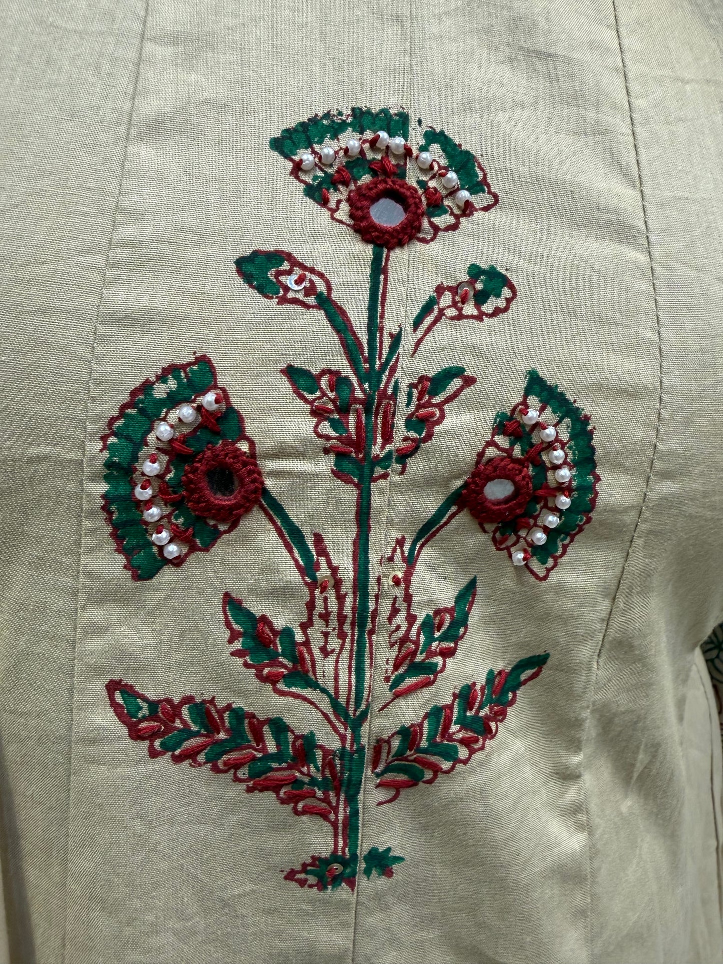 Beige Anarkali Block Printed Pure Cotton Embroidered A-line Kurti With Pant and Dupatta