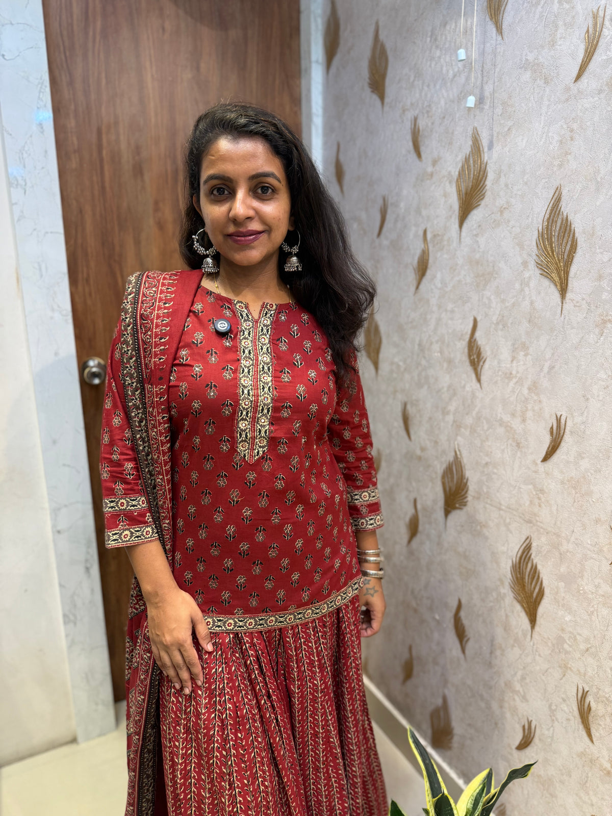 Red Pure Cotton Printed Kurti With Skirt and Dupatta -HSC1302