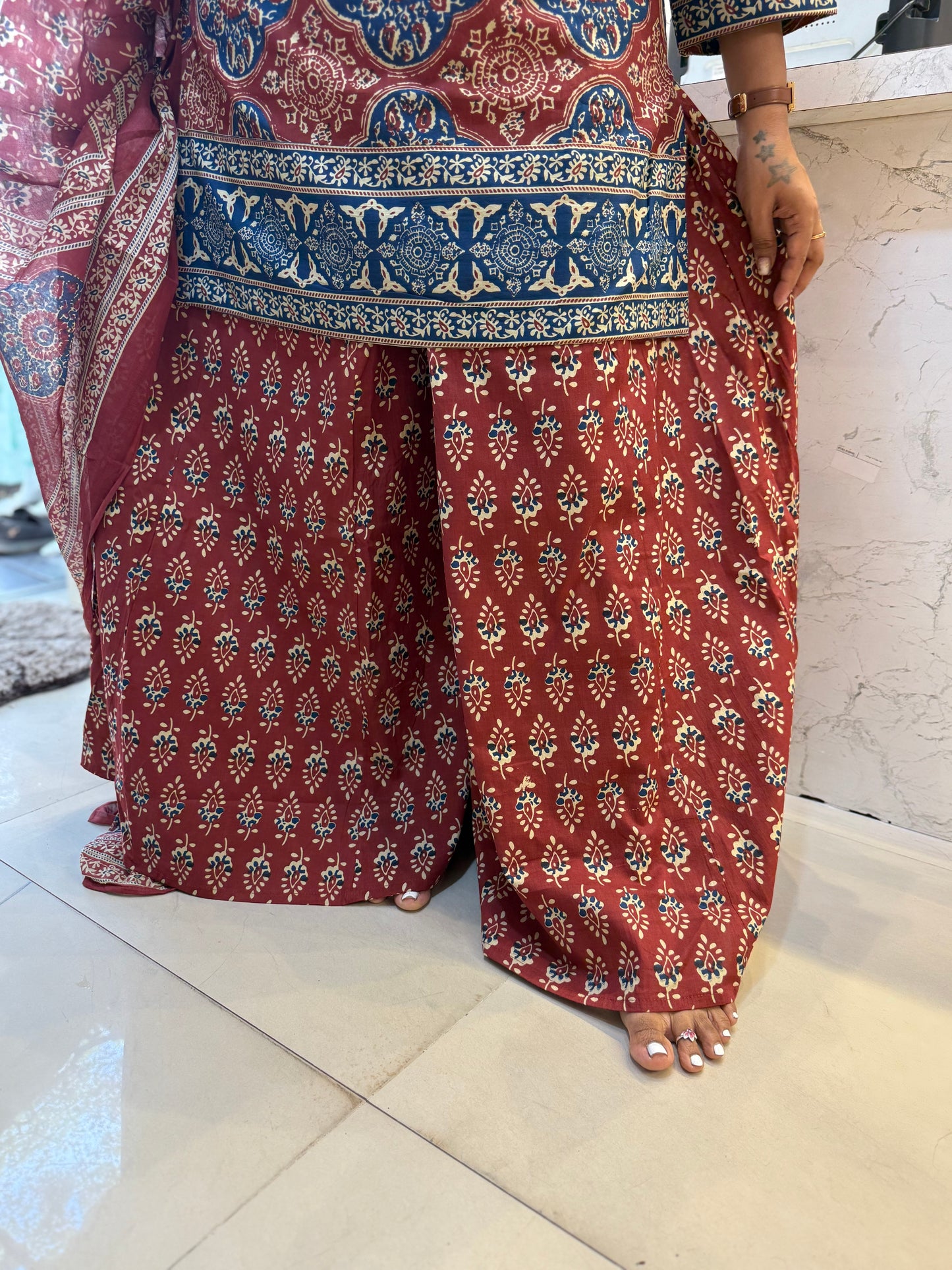 Ajark Pure Cotton Divider Cut Pant With Kurti and Dupatta-HSC159