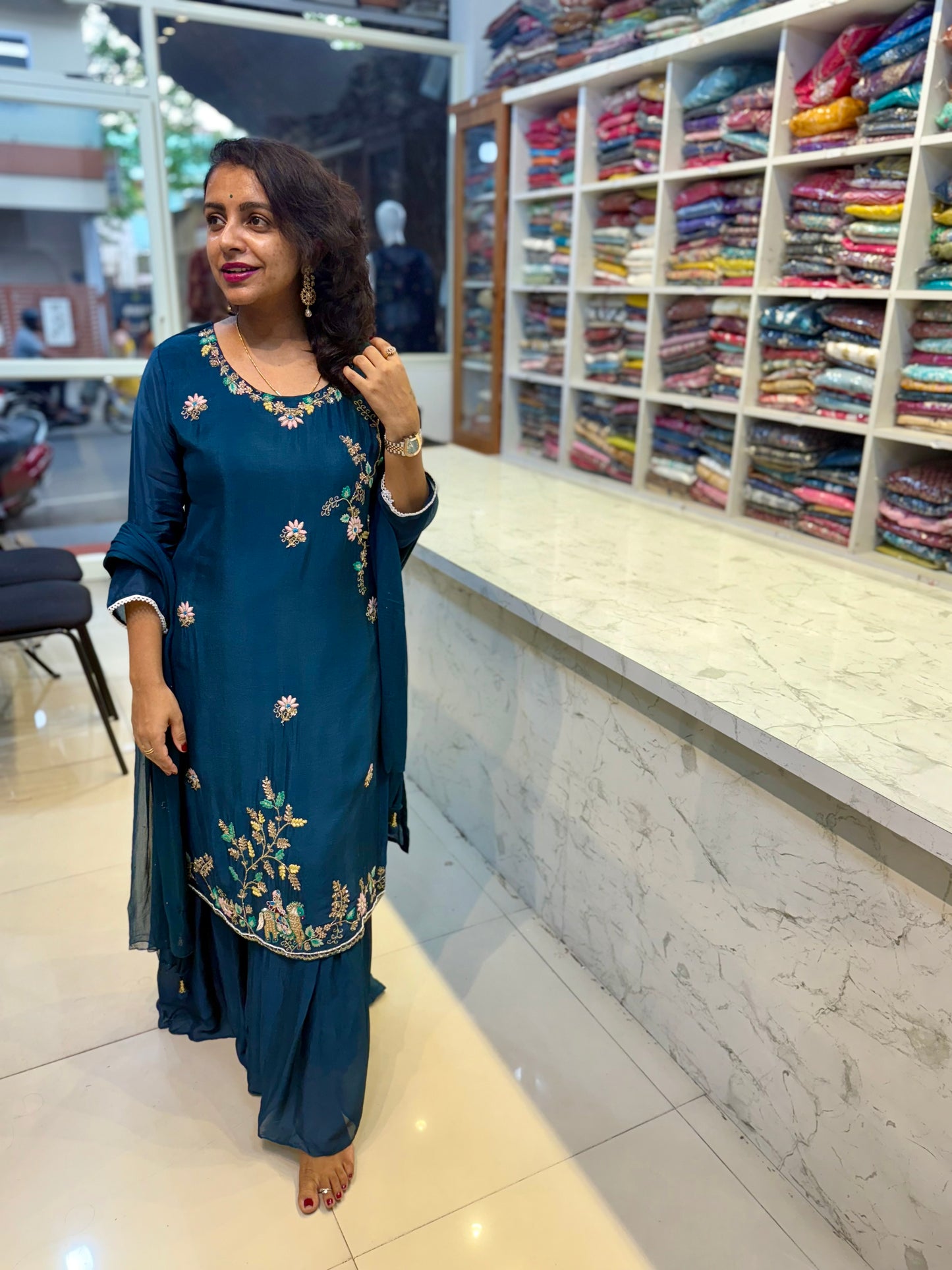 Blue Hand Embroidery Pure Chinnon Sharara Set