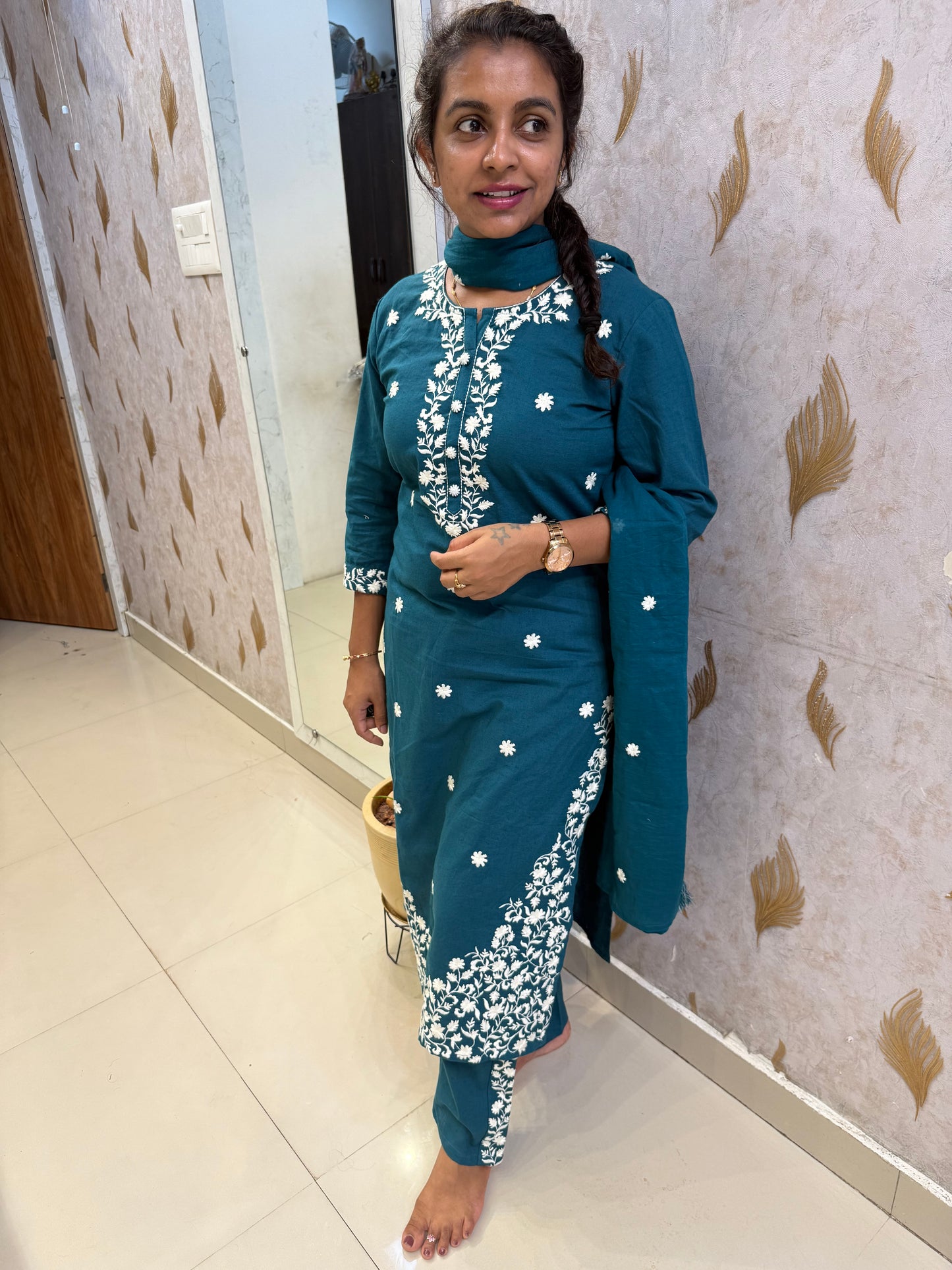 Rama Green Cotton Flex Embroidery Kurti With Pant and Dupatta-HSC141