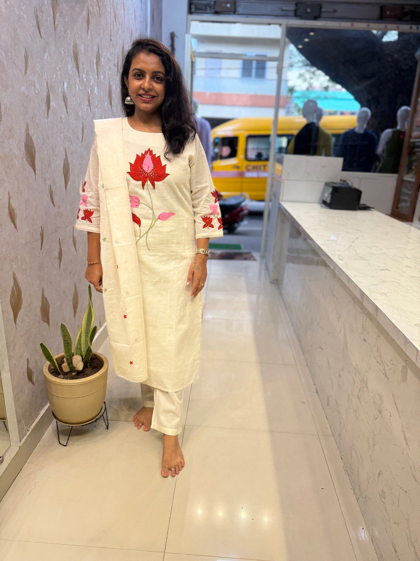 Lotus Half White Pure Cotton Hand Embroidery Kurti With Pant and Dupatta - HSC1159