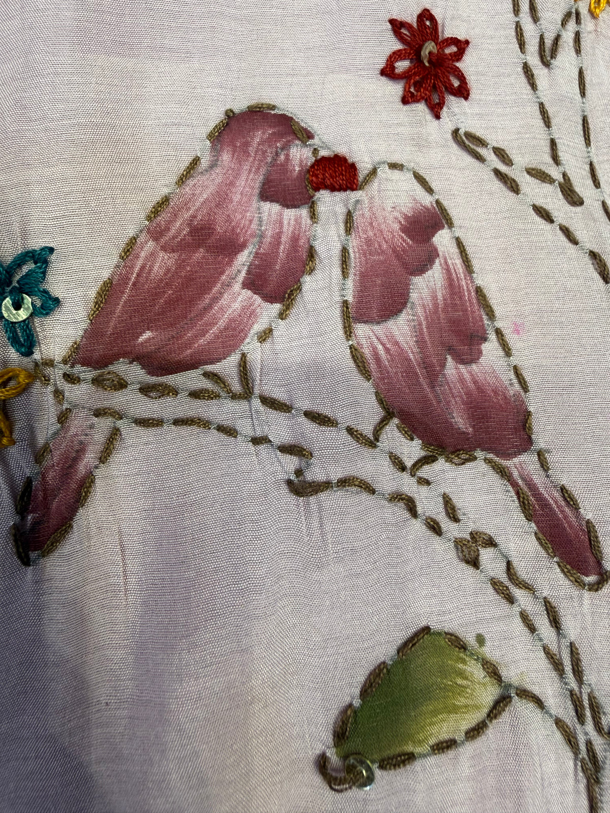 Brush Painted Lavender Hand Embroidery Pure Silk Kurti With Pant and Dupatta -HSC1240