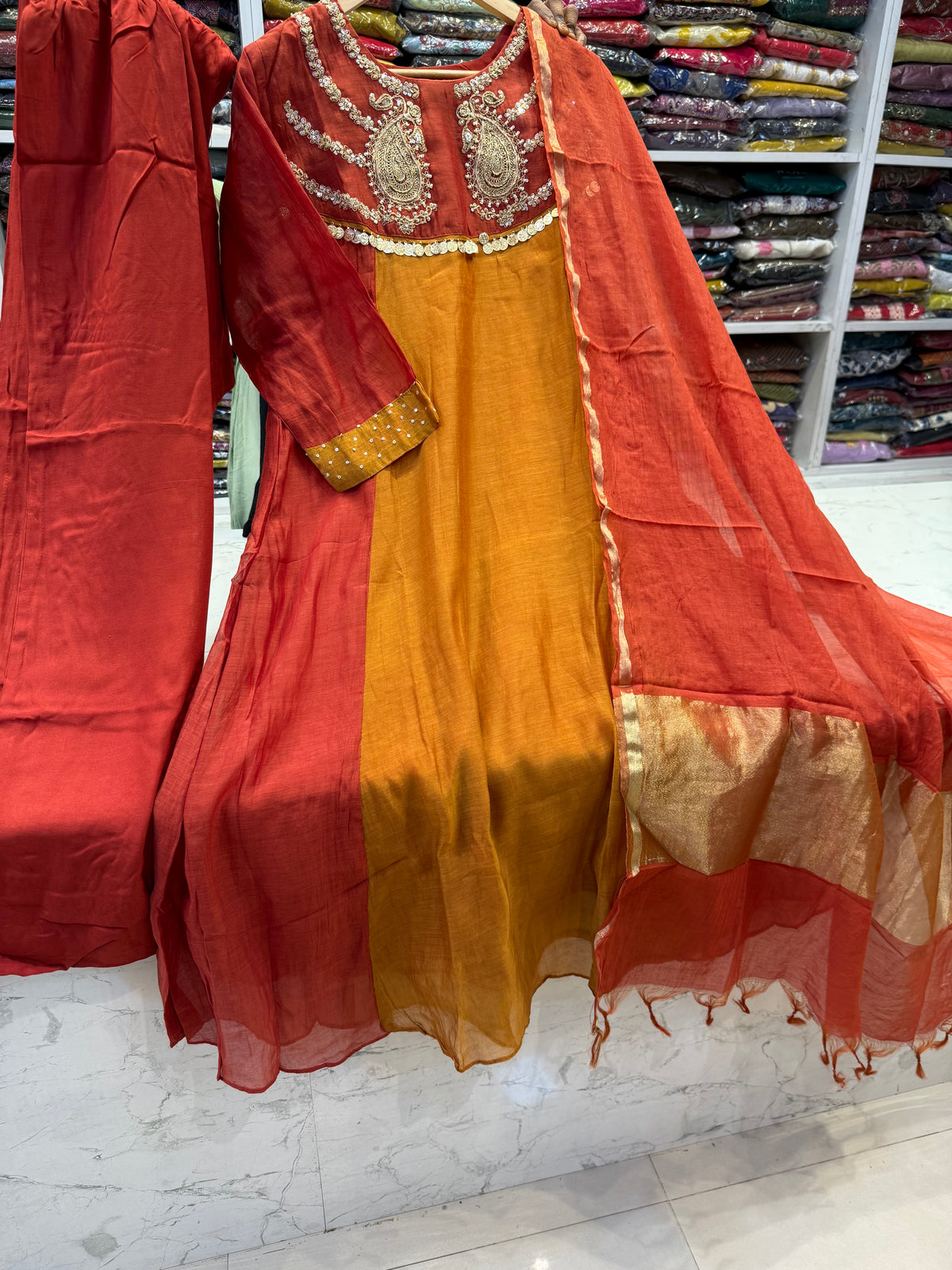Rust With Mustard Pure Banarasi A-line Kurti With Pant and Dupatta -HSC1210
