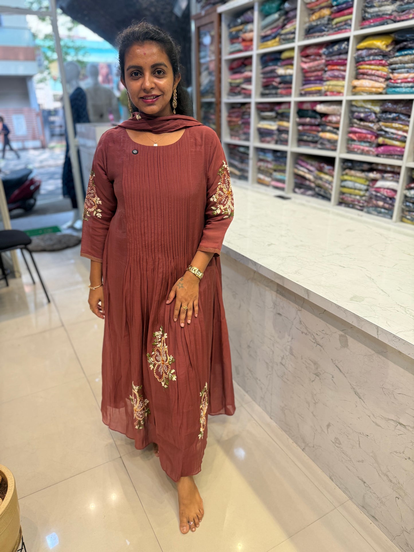 Mauve Brown Pure Mul Chanderi Hand Embroidered Kurti with Pant and Dupatta-HSC77