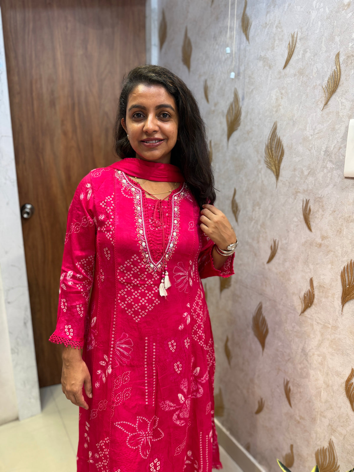 Pure Chinnon Pink Anarkali Printed A-line Kurti With Pant and Dupatta -HSC1301