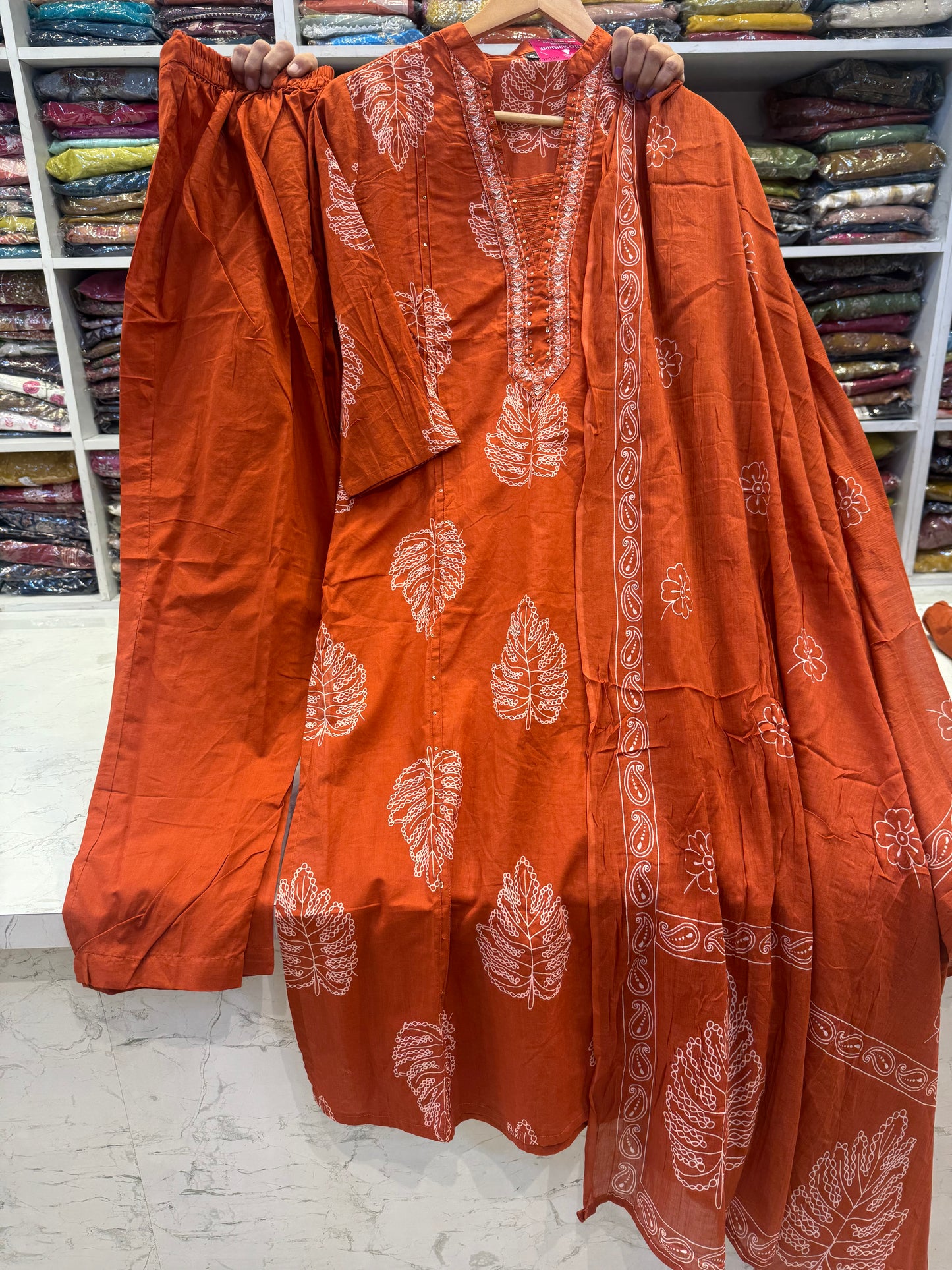 Leaf Printed Cotton Kurti With Pant and Dupatta