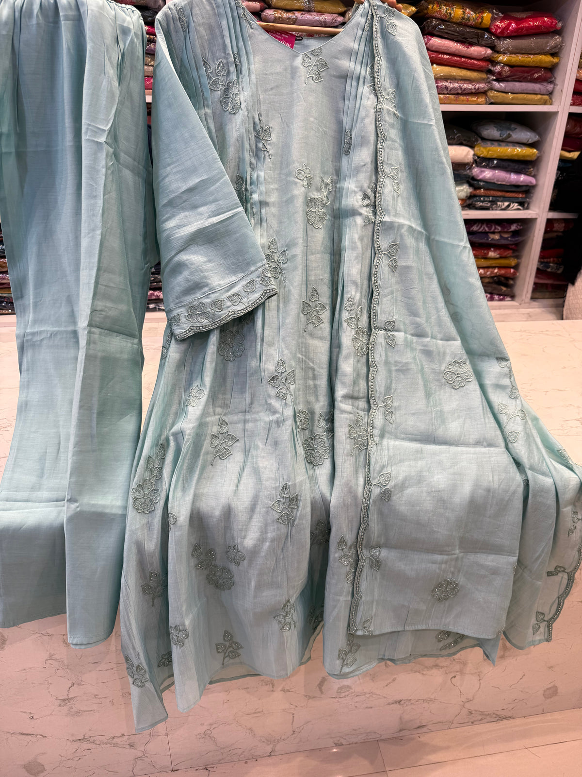 Ice Blue Embroidery Kurti With Pant and Dupatta -HSC1275