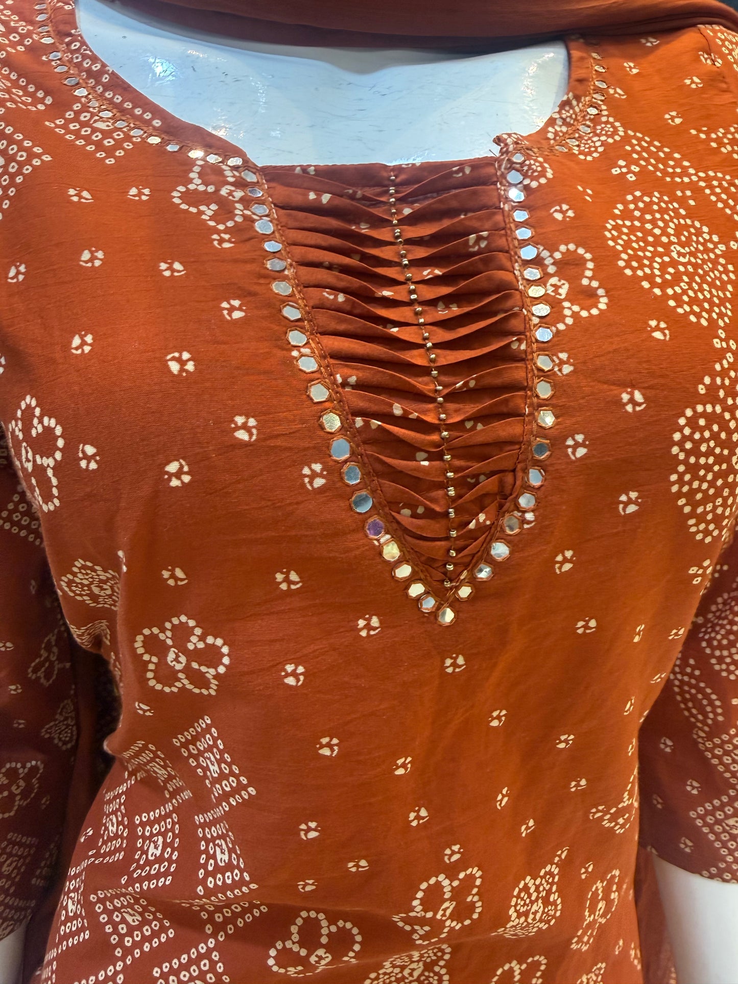 Rust Orange Bandini Cotton Kurti With Pant and Dupatta-HSC124