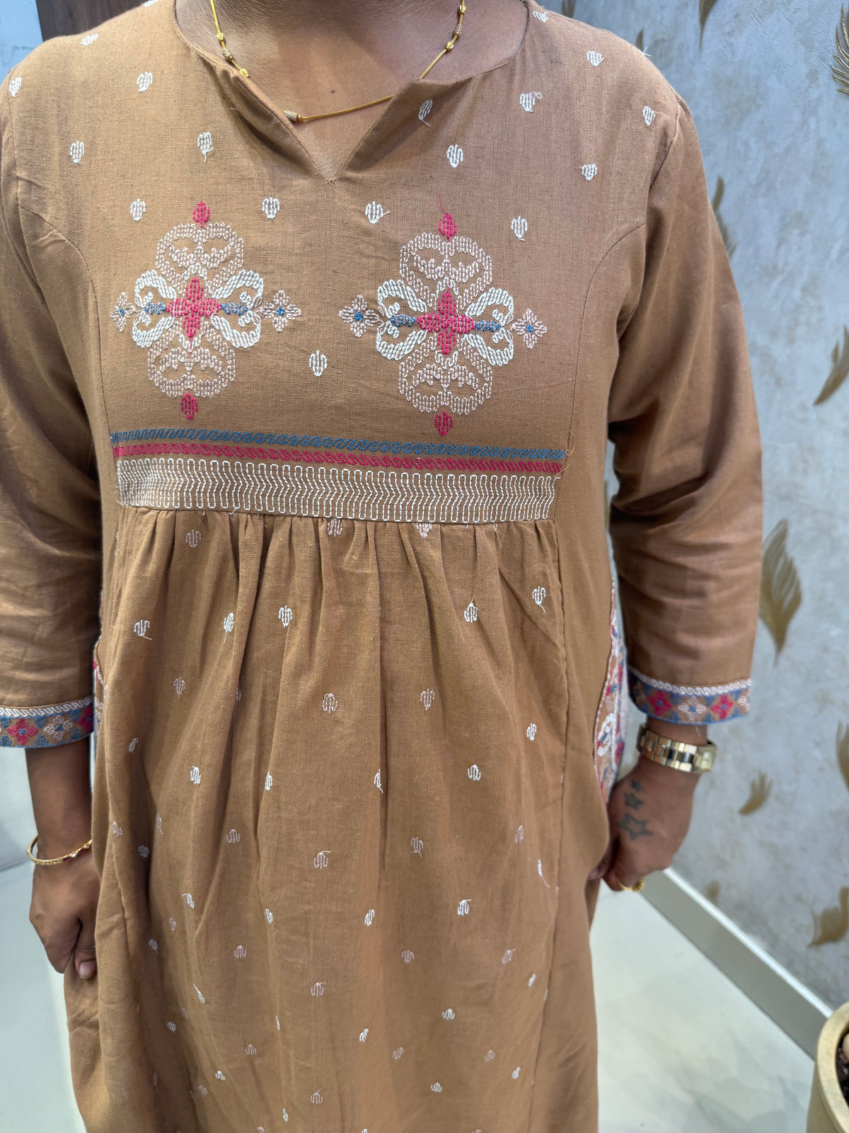 Two sides Pockets Embroidery Pure Cotton Flex Kurti With Pant - HSC1169