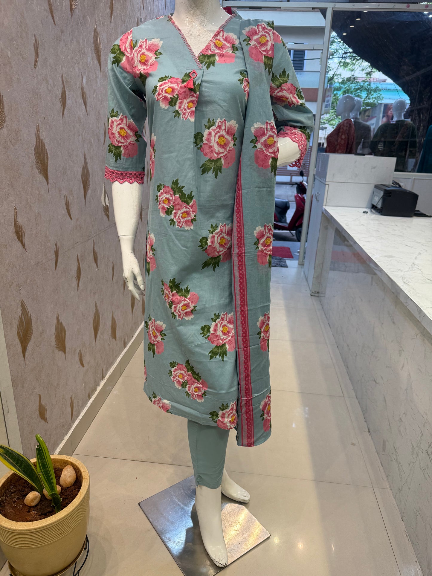 Floral Printed Pure Cotton Kurti With Pant and Dupatta-HSC123