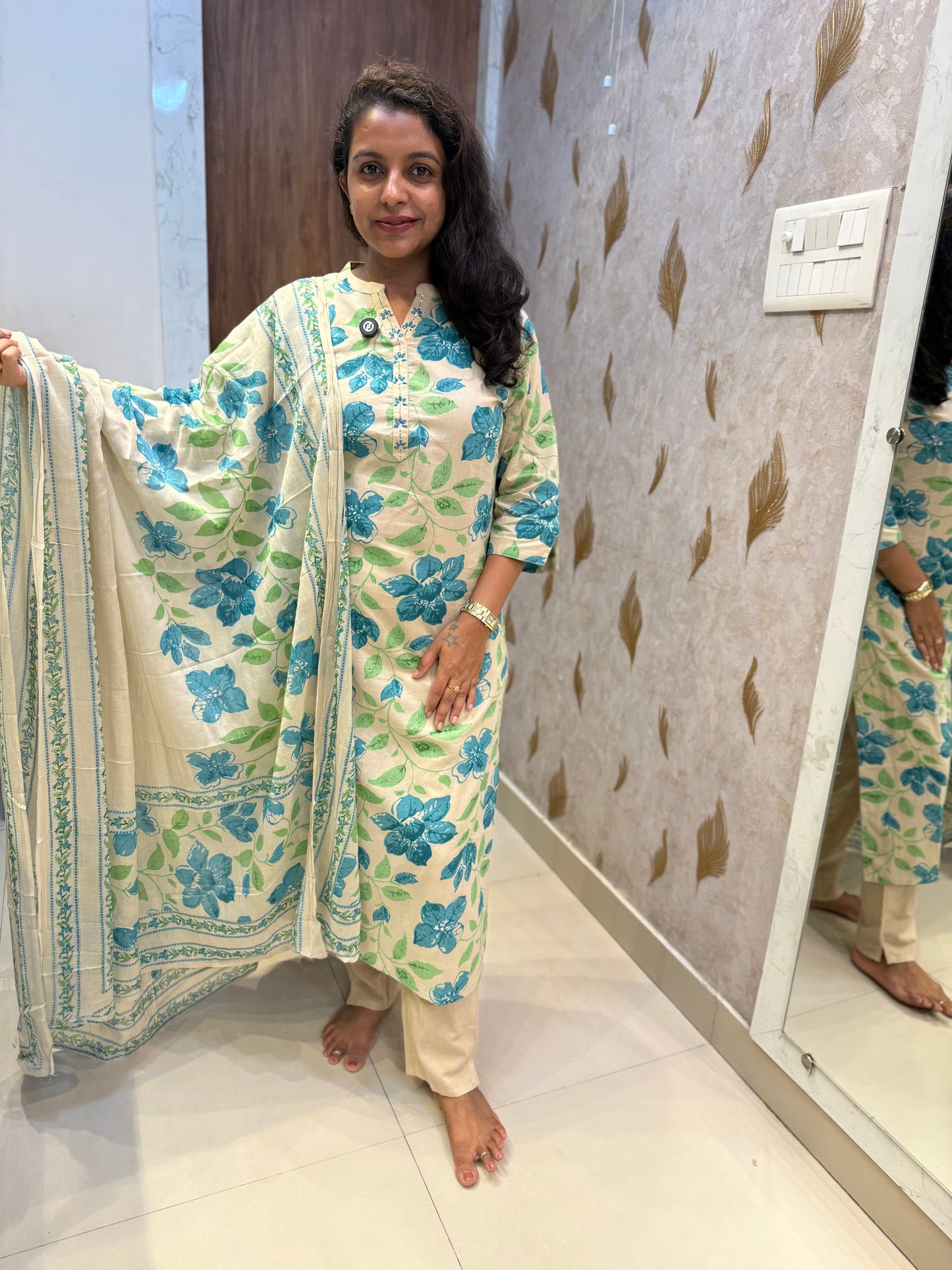 Floral Pure Cotton Kurti With Pant and Dupatta - HSC1173